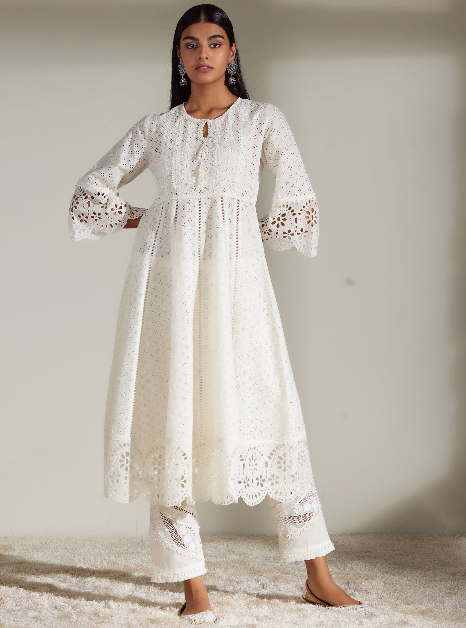 Mulmul Cotton Arris White Anarkali  Kurta With Diagonal Lace White Pant