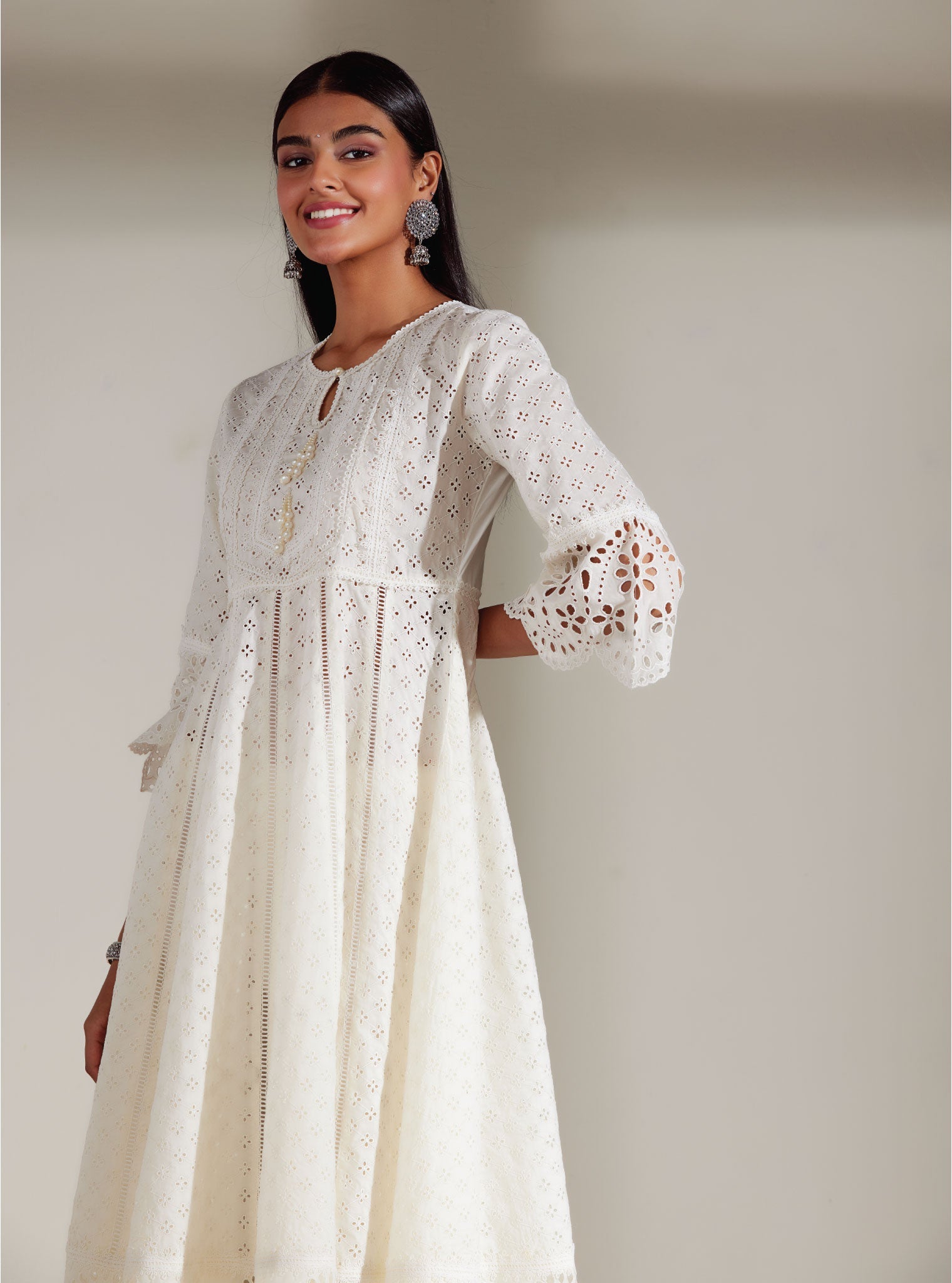 Mulmul Cotton Arris White Anarkali  Kurta With Diagonal Lace White Pant