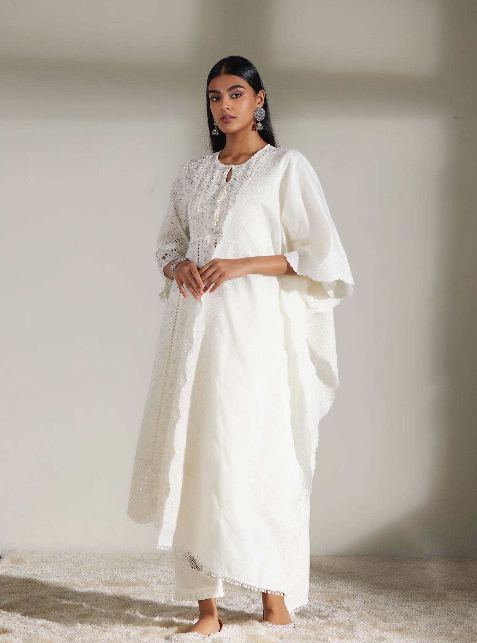 Mulmul Cotton Arris White Anarkali  Kurta With Diagonal Lace White Pant