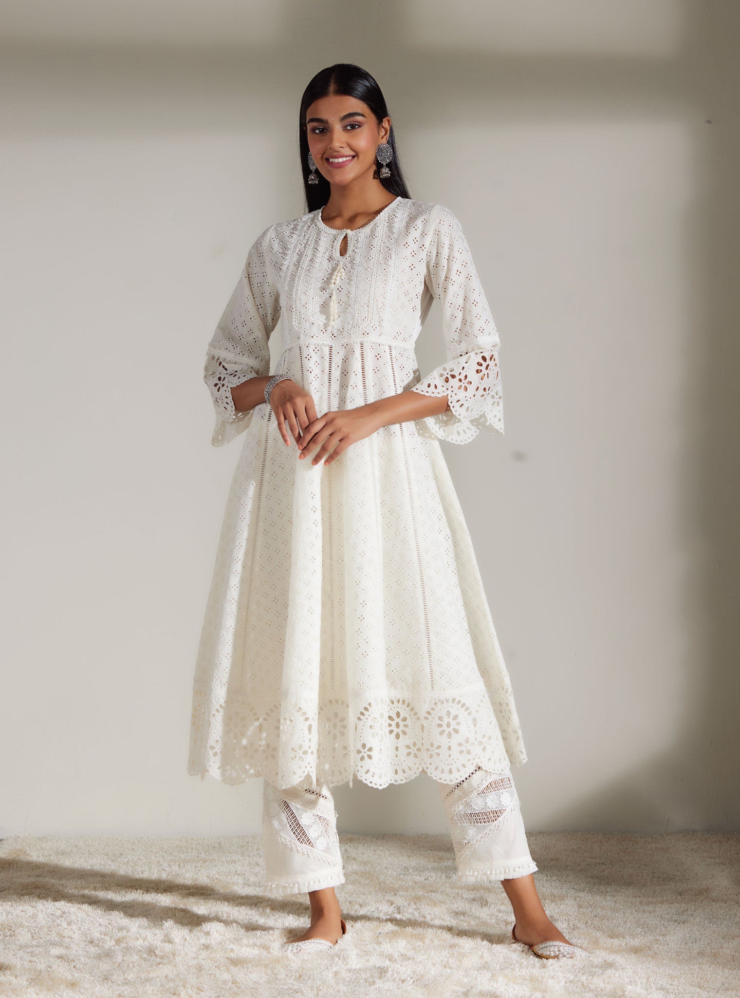 Mulmul Cotton Arris White Anarkali  Kurta With Diagonal Lace White Pant