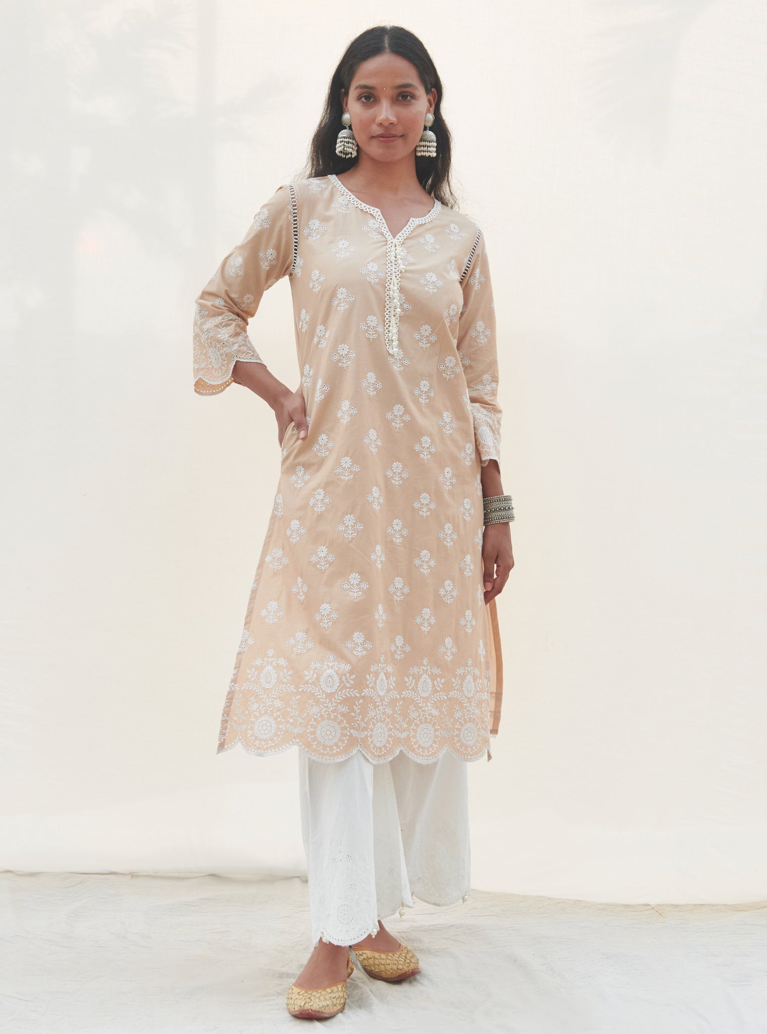 Mulmul Cotton Arpora Beige Kurta With Arpora White Pant