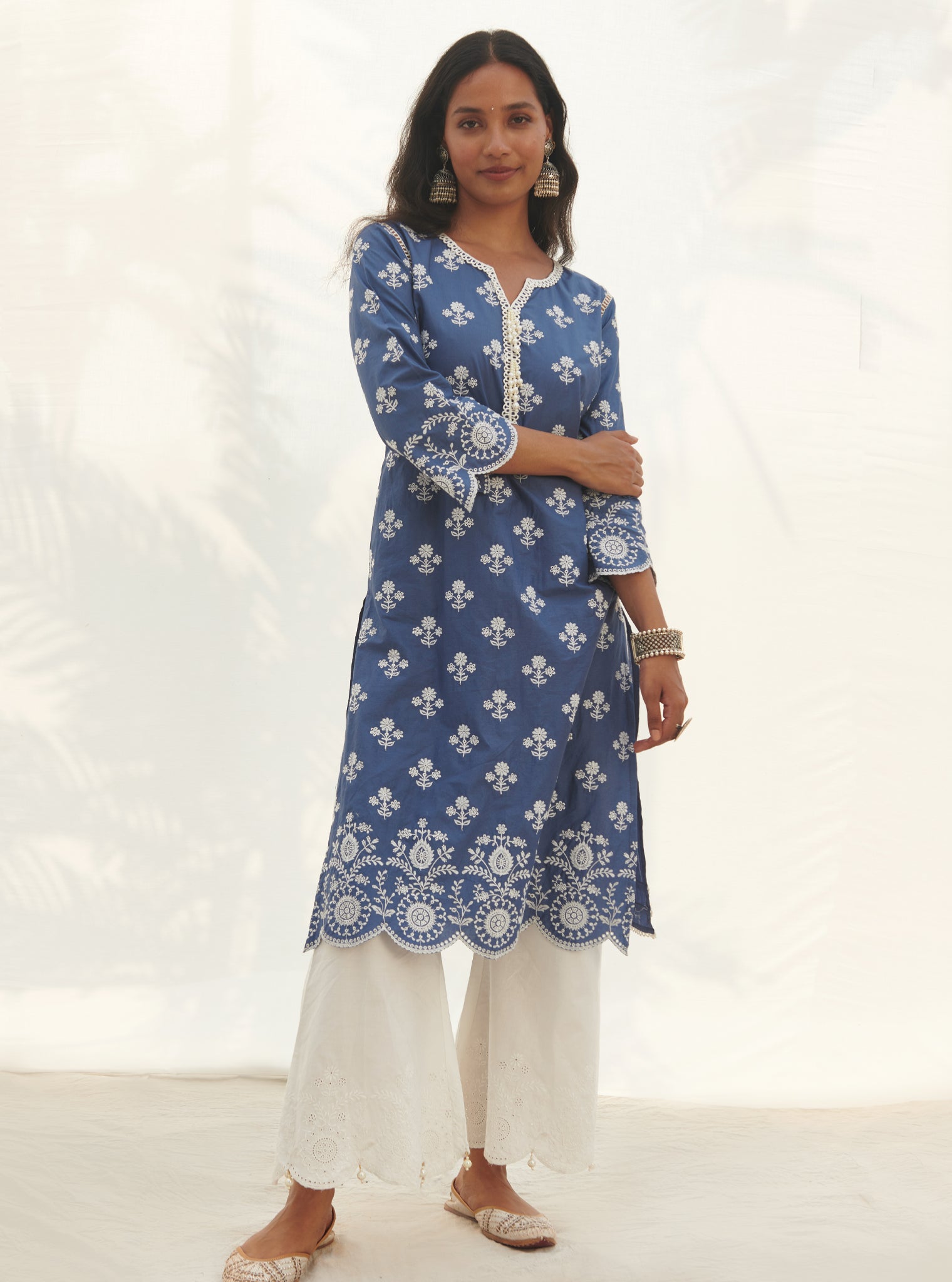 Mulmul Cotton Arpora Navy Kurta With Arpora White Pant