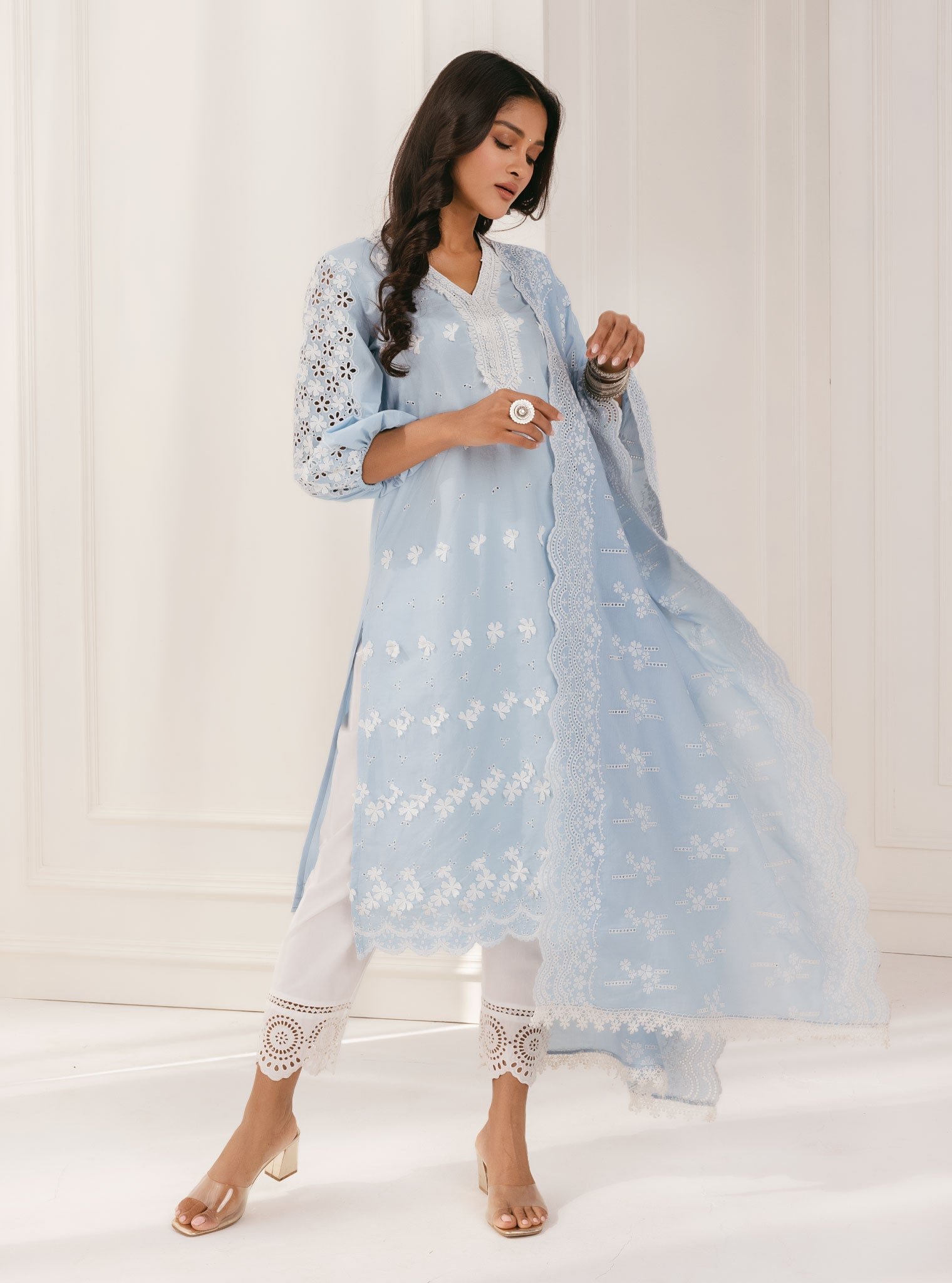 Mulmul Cotton Asota Blue Kurta With Eyelet Pant