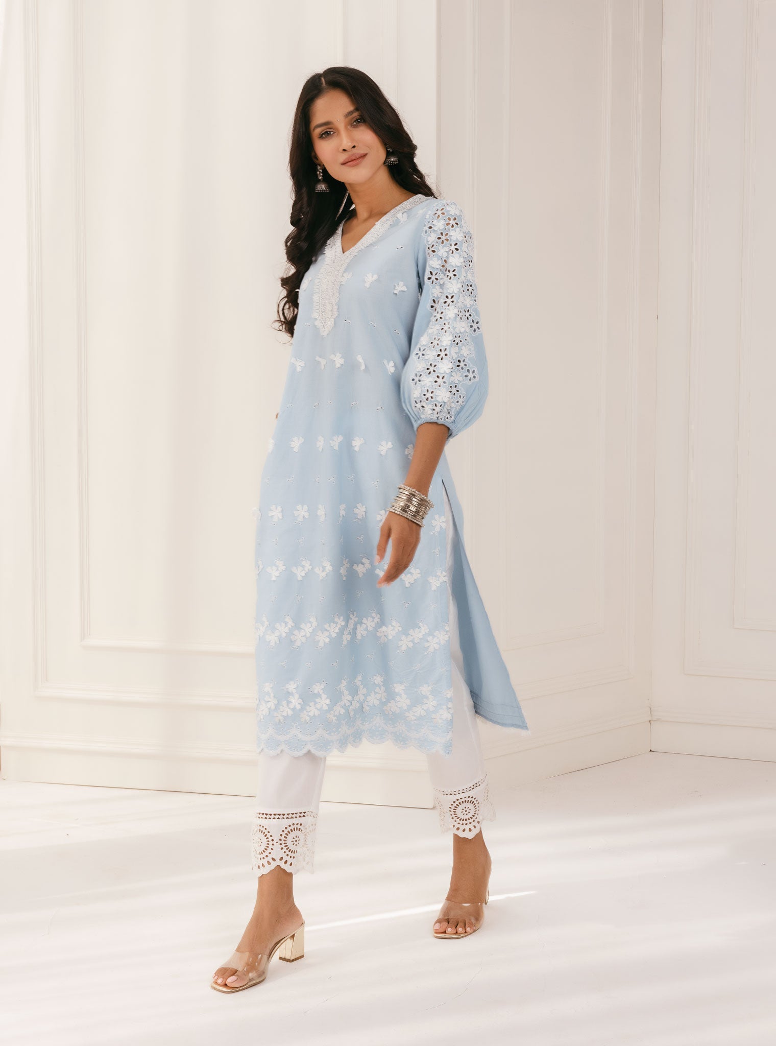 Mulmul Cotton Asota Blue Kurta With Eyelet Pant