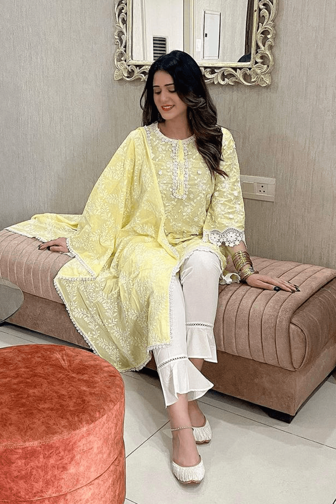 Mulmul Cotton Baybreeze Yellow Kurta With Umbrella Frill White Pyajama