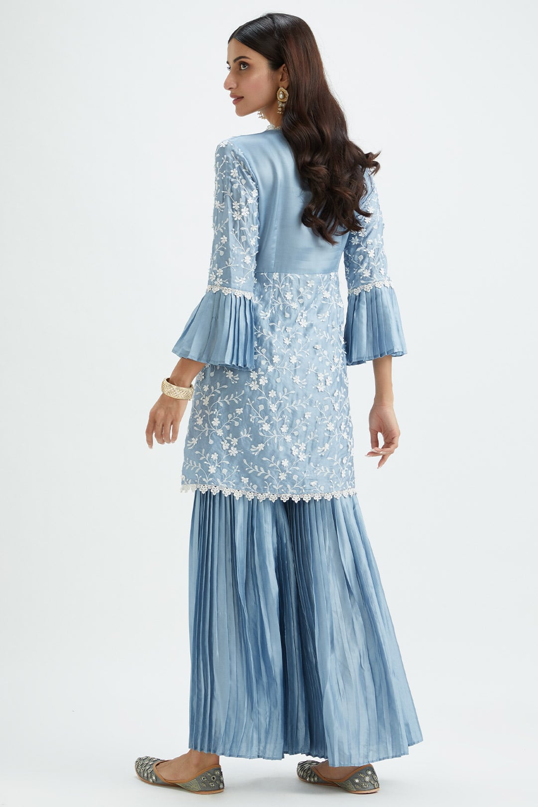 Mulmul Cupro Silk Cairo Blue Kurta With Cairo Blue Garara