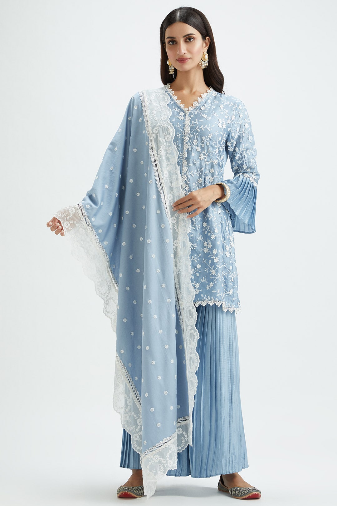 Mulmul Cupro Silk Cairo Blue Kurta With Cairo Blue Garara