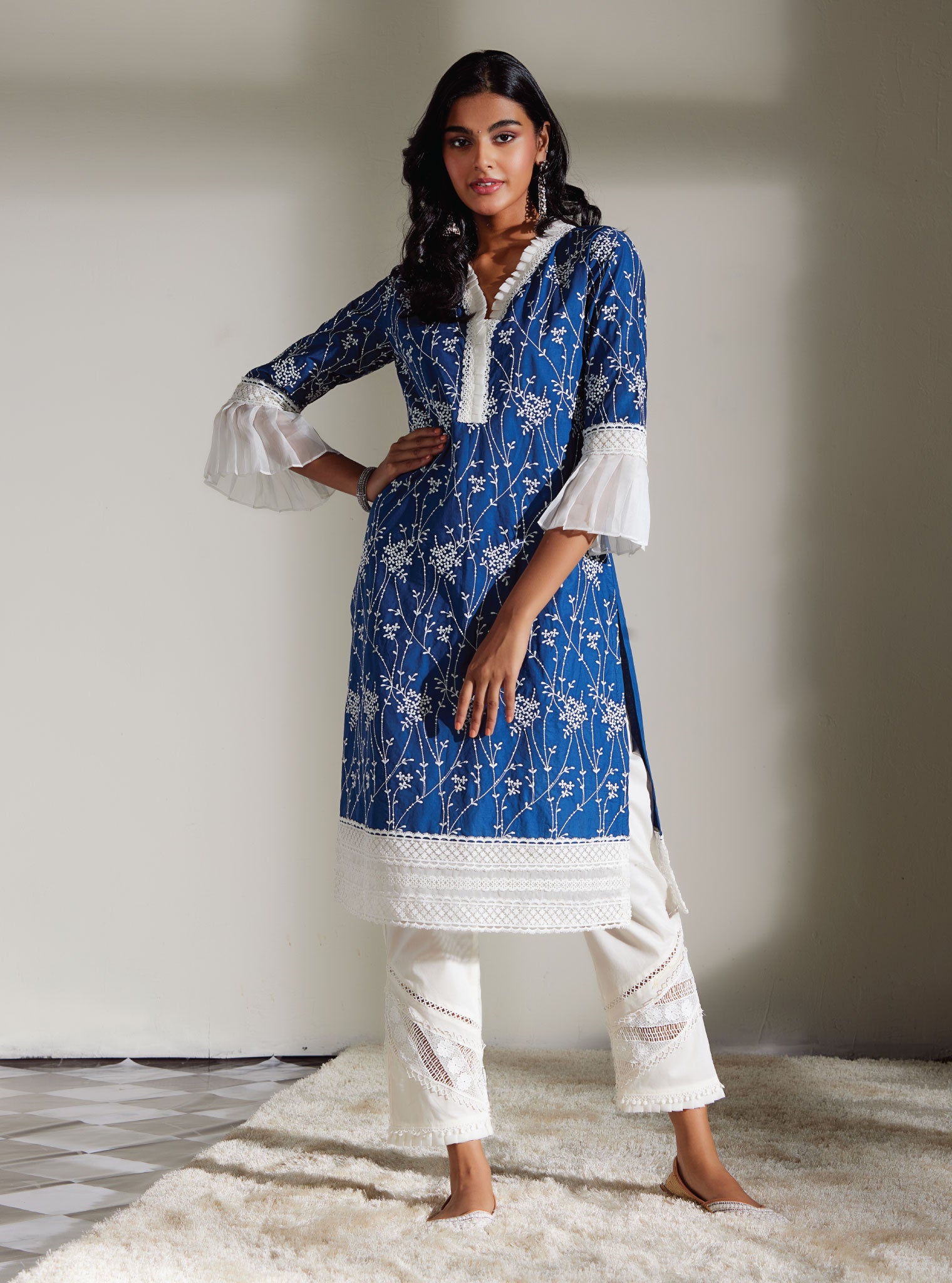 Mulmul Cotton Carmen Navy Kurta With Mulmul Cotton Diagonal Lace White Pant