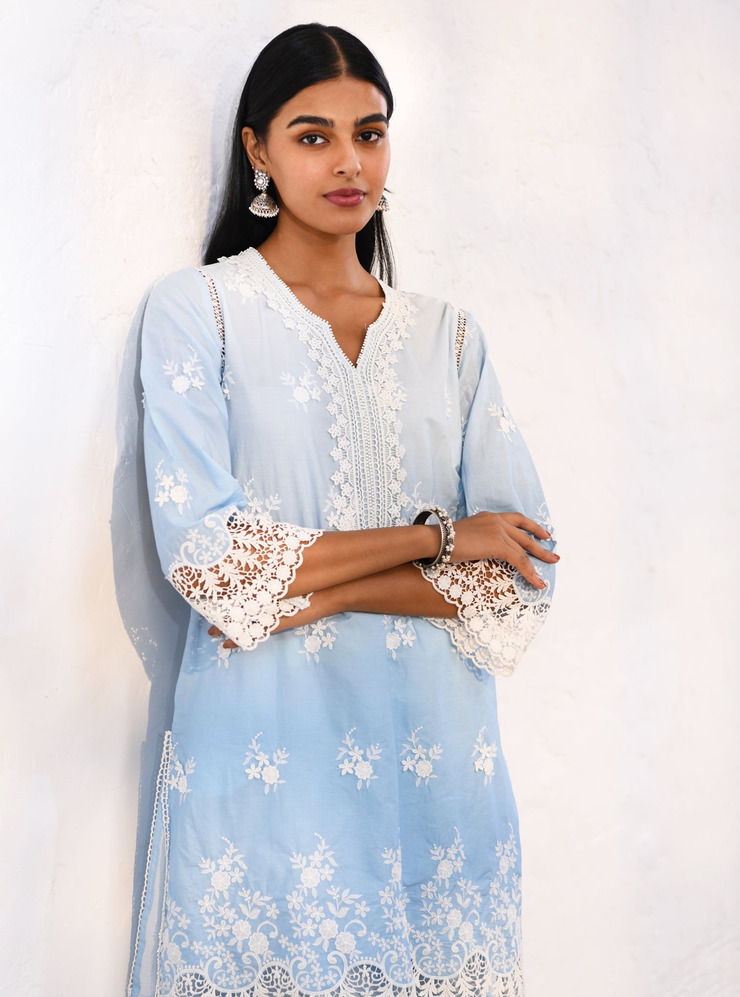 Mulmul Cotton Chapoli Blue Kurta With Mulmul Cotton Chapoli Blue Pant