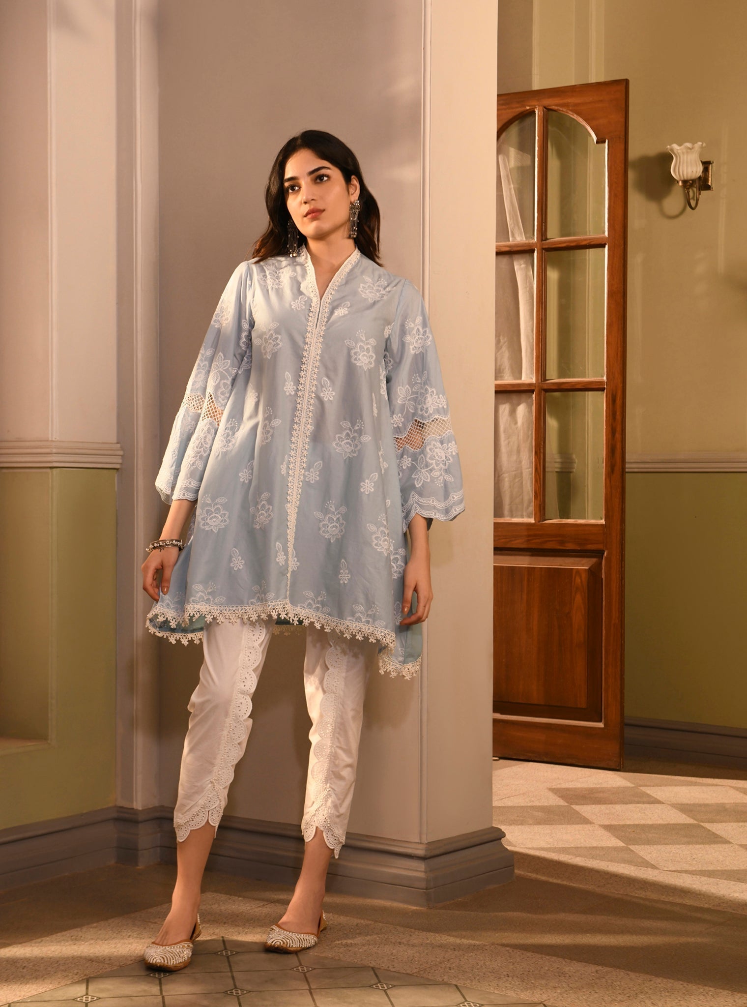 Mulmul Cotton Azara Light Blue Kurta