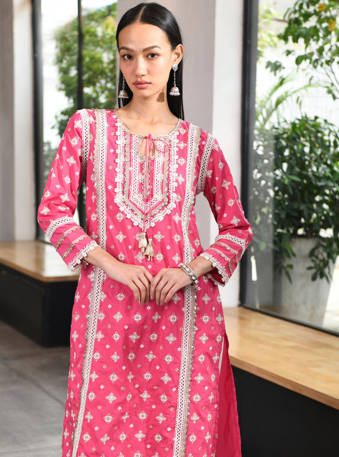 Mulmul Cotton Corey Kurta Fuchsia