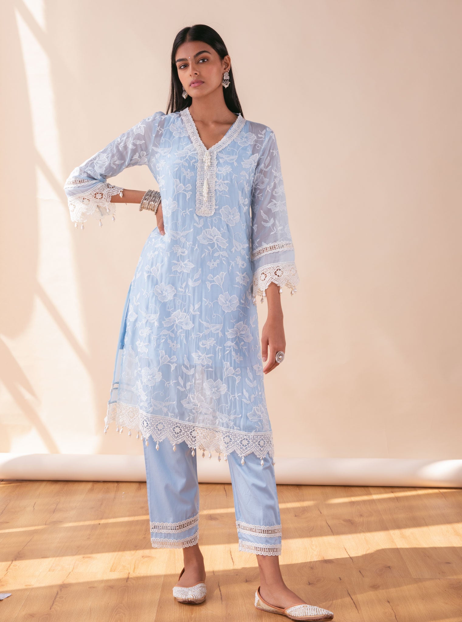 Mulmul Organza Delilah Blue Kurta With Pima Cotton Maisy Blue Pant