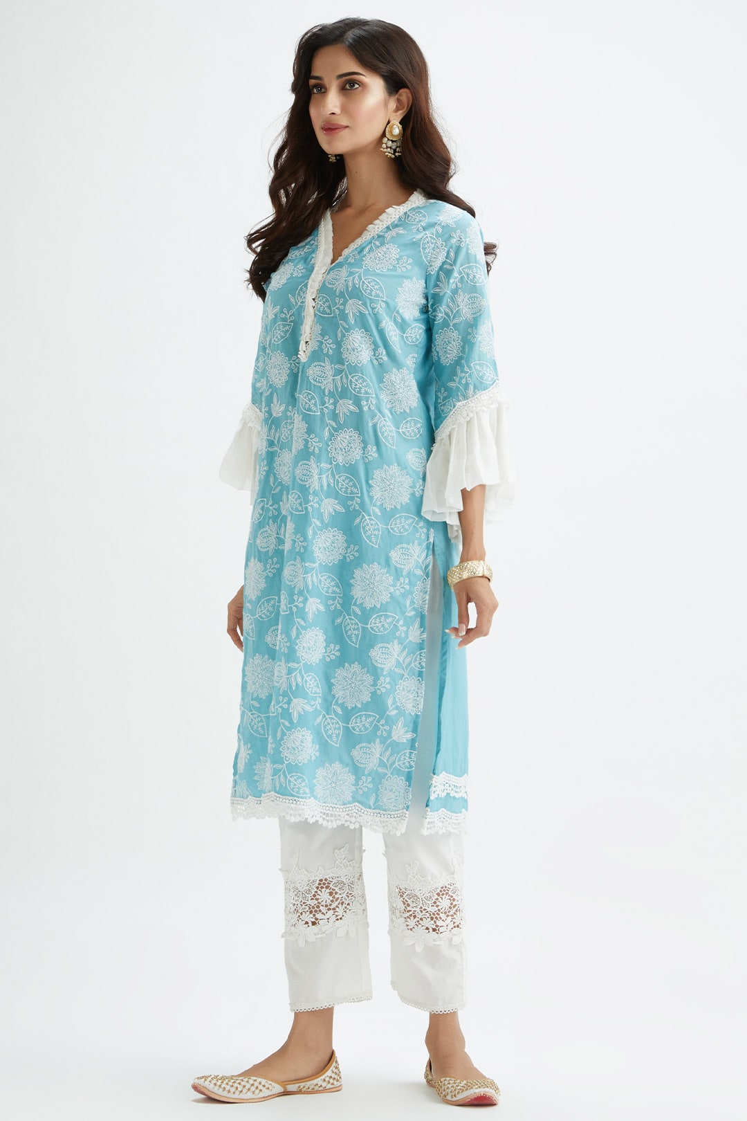 Mulmul Cotton Dunlin Blue Kurta With Broad Lace Insert White Pyajama