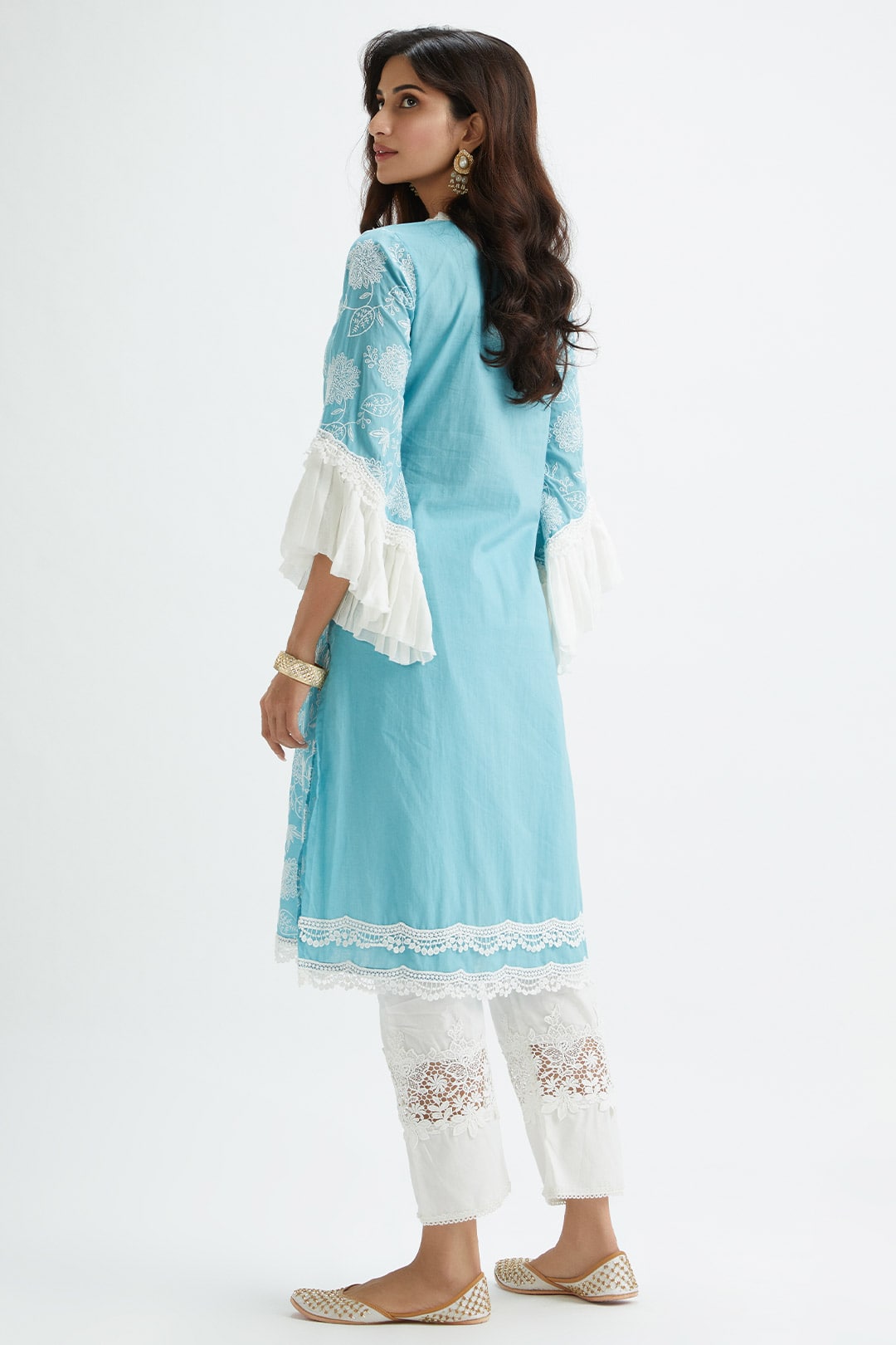 Mulmul Cotton Dunlin Blue Kurta With Broad Lace Insert White Pyajama