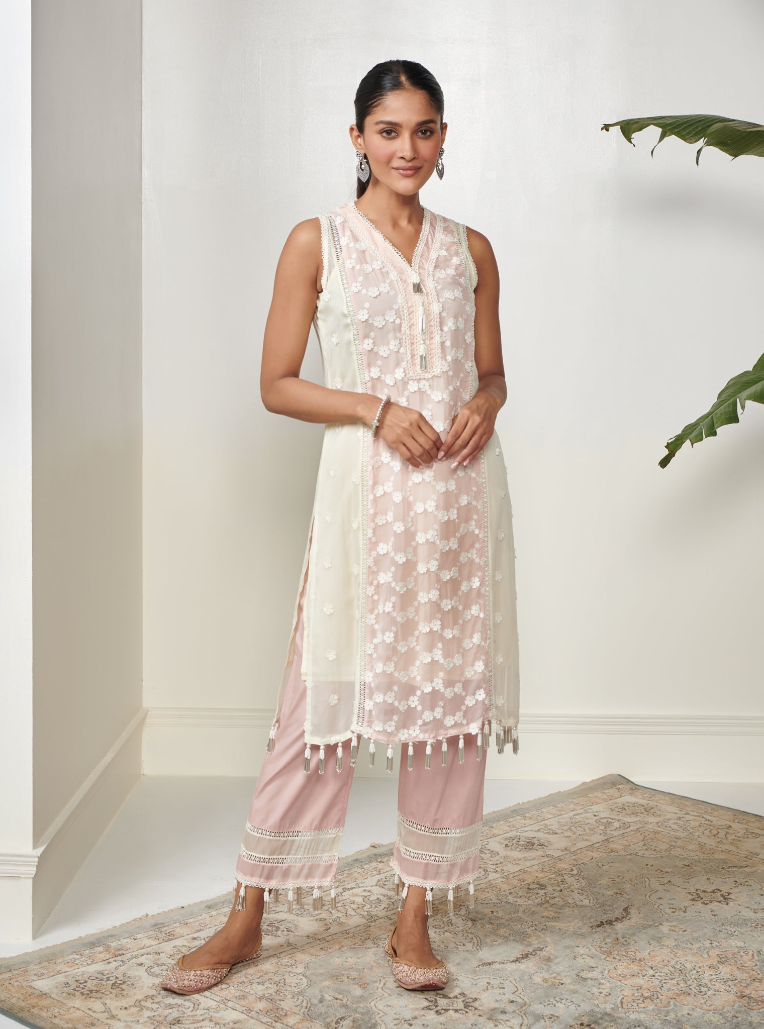 Mulmul Organza Elliot Pink Kurta With Mulmul Cotton Elliot Pink Pant