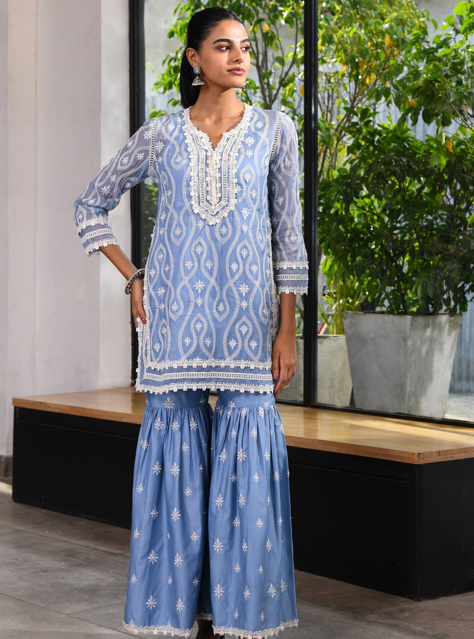 Mulmul Organza Faeleen Blue Kurta Wiith Mulmul Pima Faeleen Blue Garara