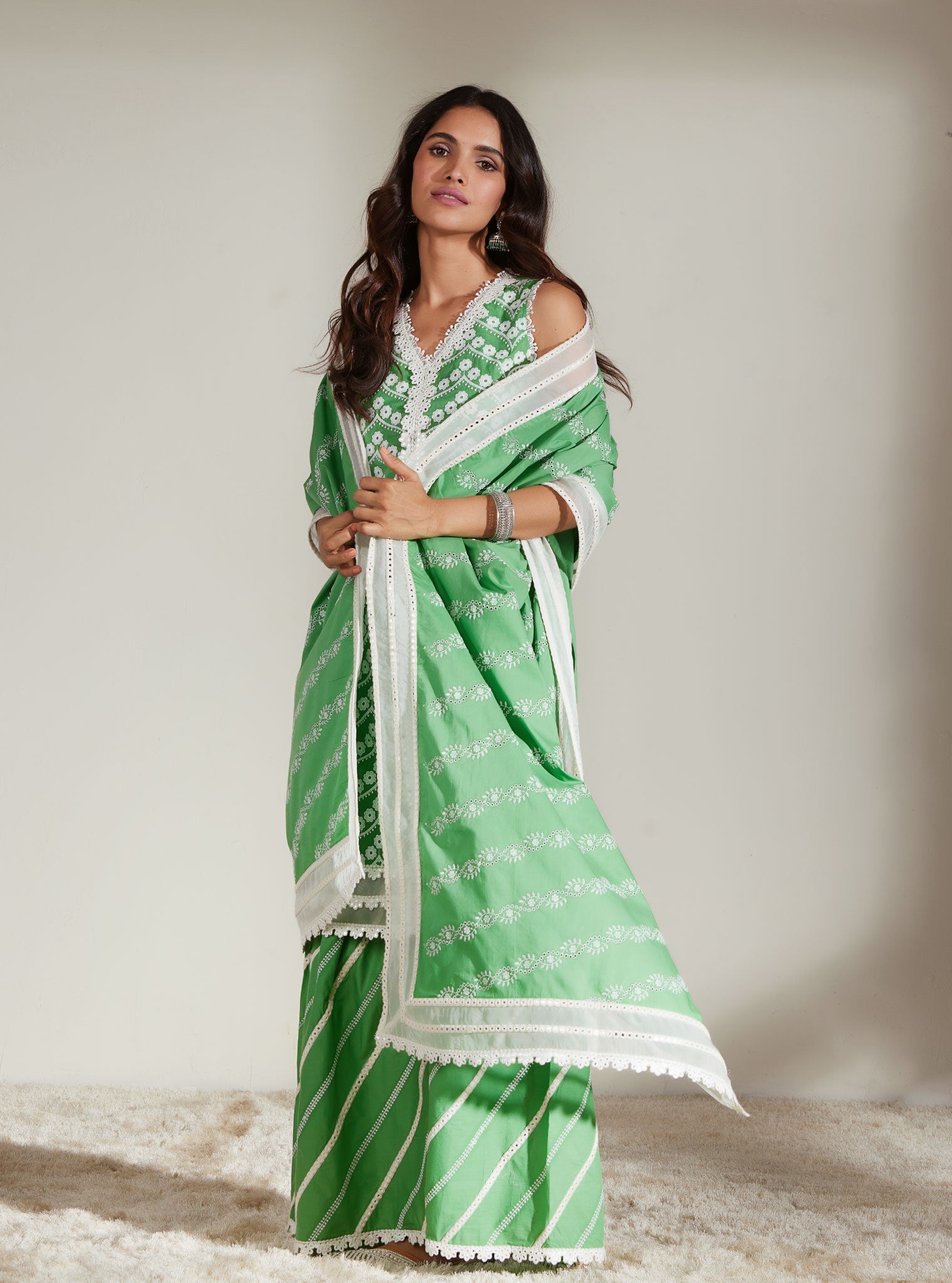 Mulmul Cotton Gabriella Green Kurta With Gabriella Green Garara