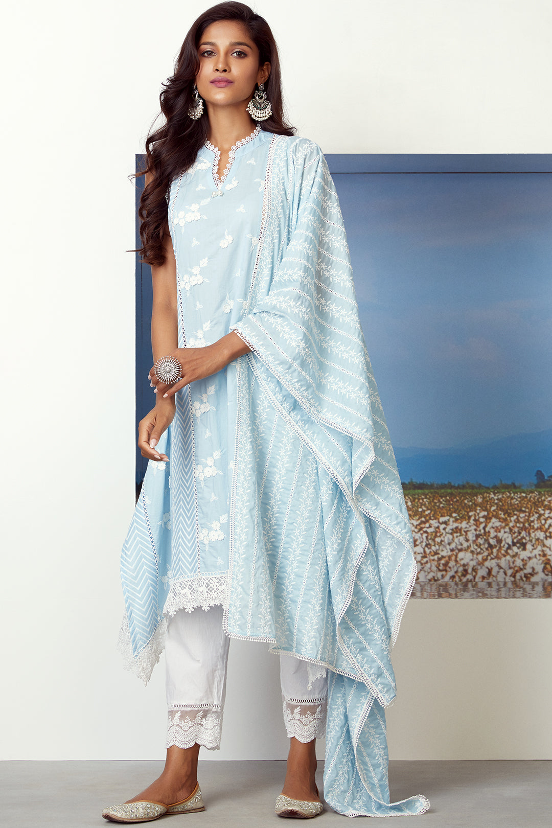 Mulmul Cotton Glory Light Blue Kurta