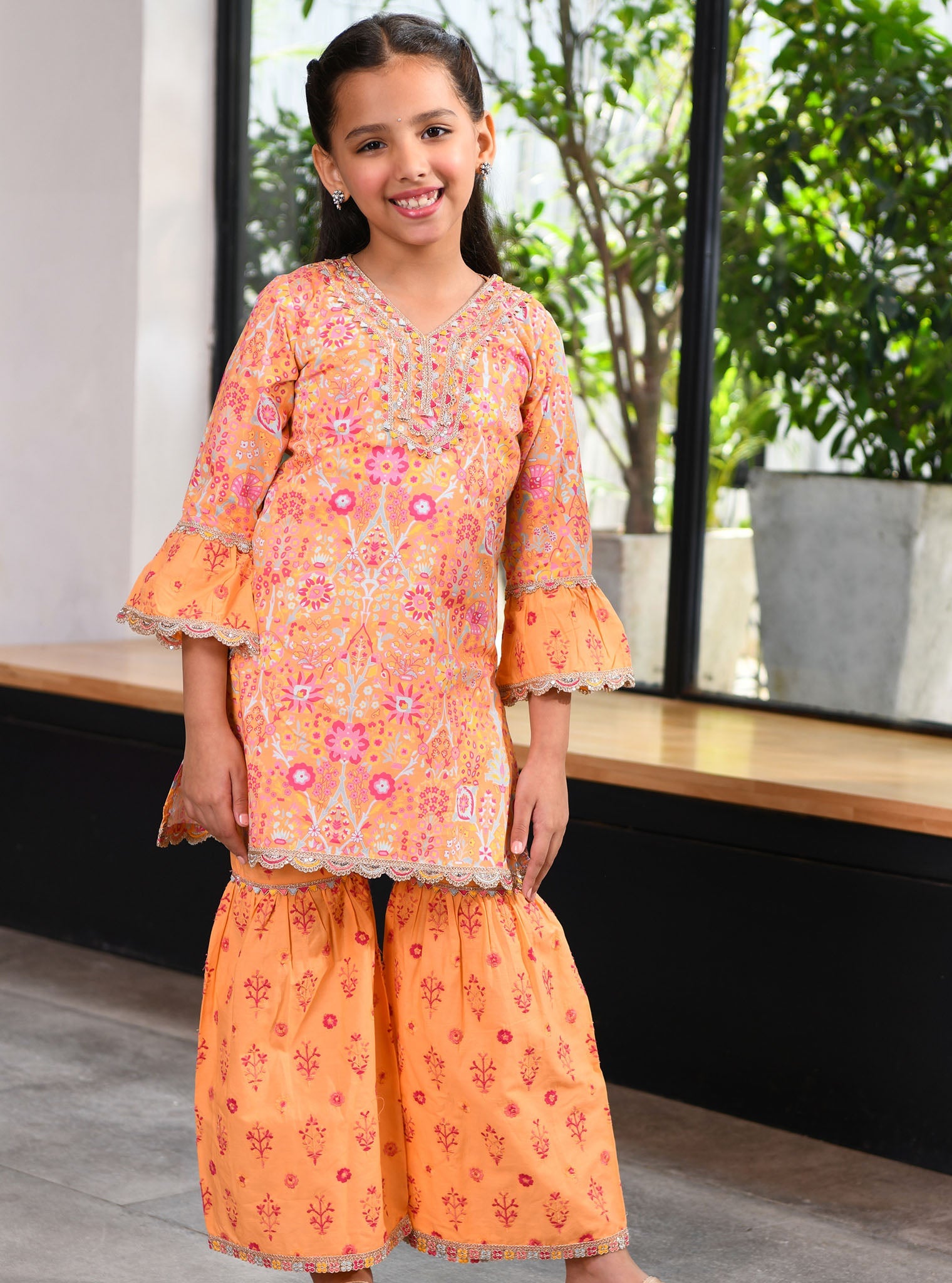 Mulmul Cotton Grace Orange Kurta With Grace Orange Garara