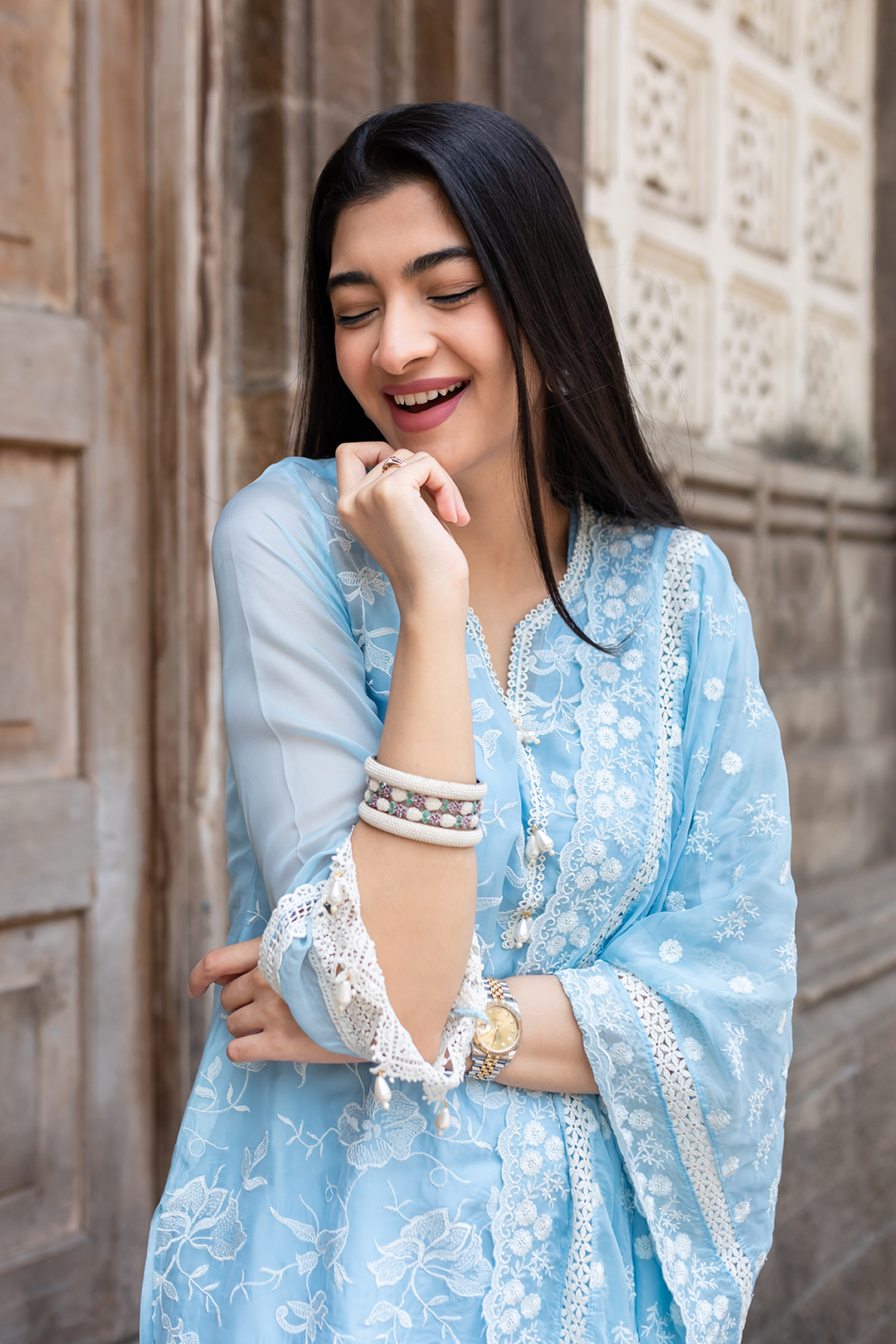 Mulmul Tencel Luxe Organza Maisy Blue Kurta With Pima Cotton Maisy Blue Pant