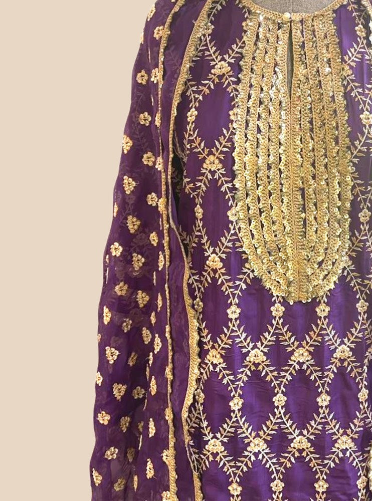 Mulmul Silk Kajra Purple Short Kurta With Mulmul Organza Kajra Purple Garara