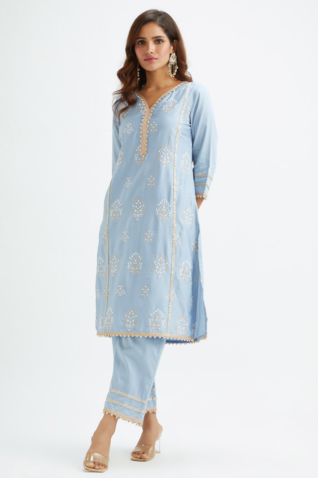 Mulmul Supima Satin Jane Blue Kurta With Jane Blue Pant