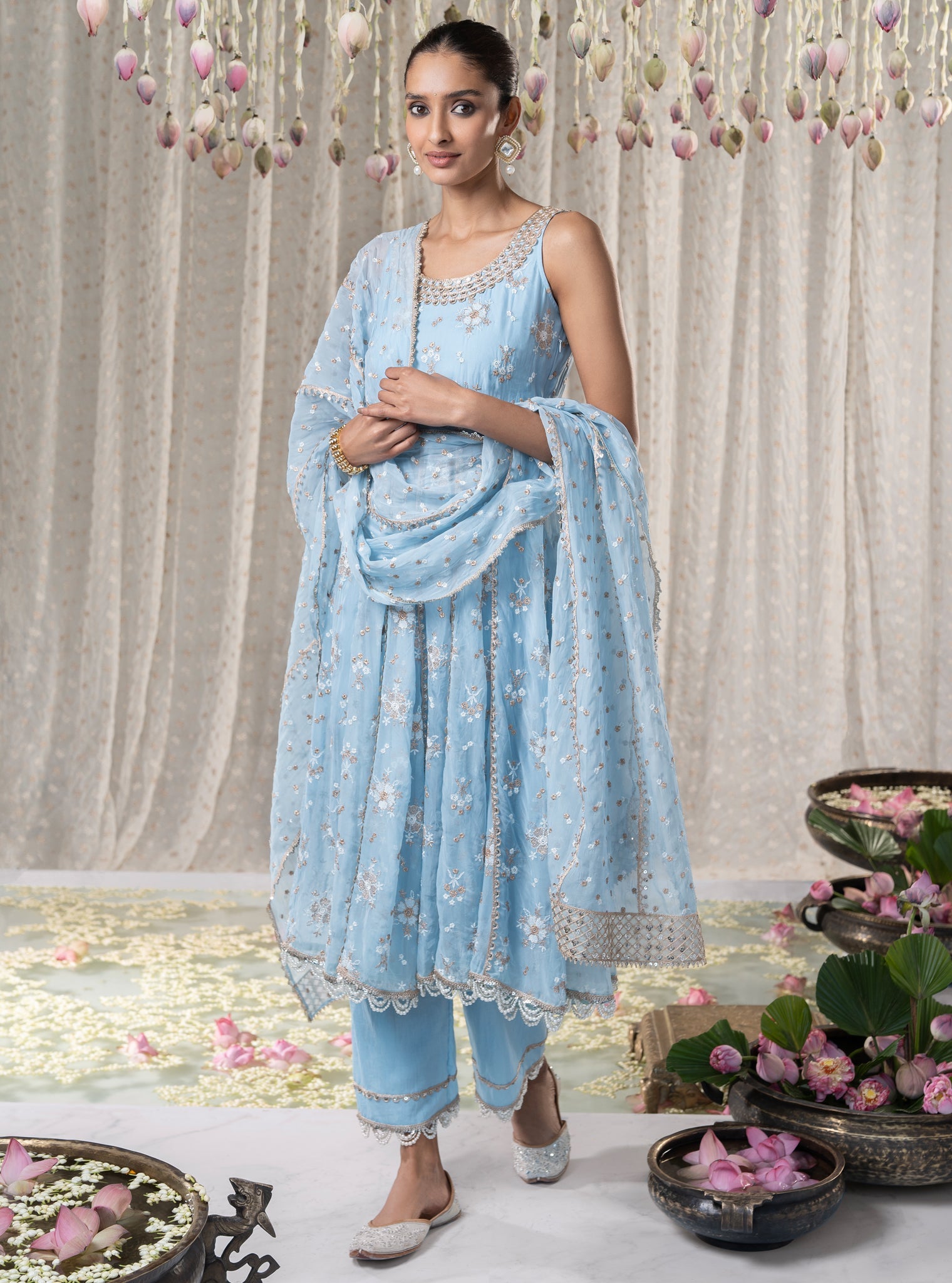 Mulmul Organza Kesariya Anarkali Blue Kurta With Mulmul Pima Kesariya Blue Pant