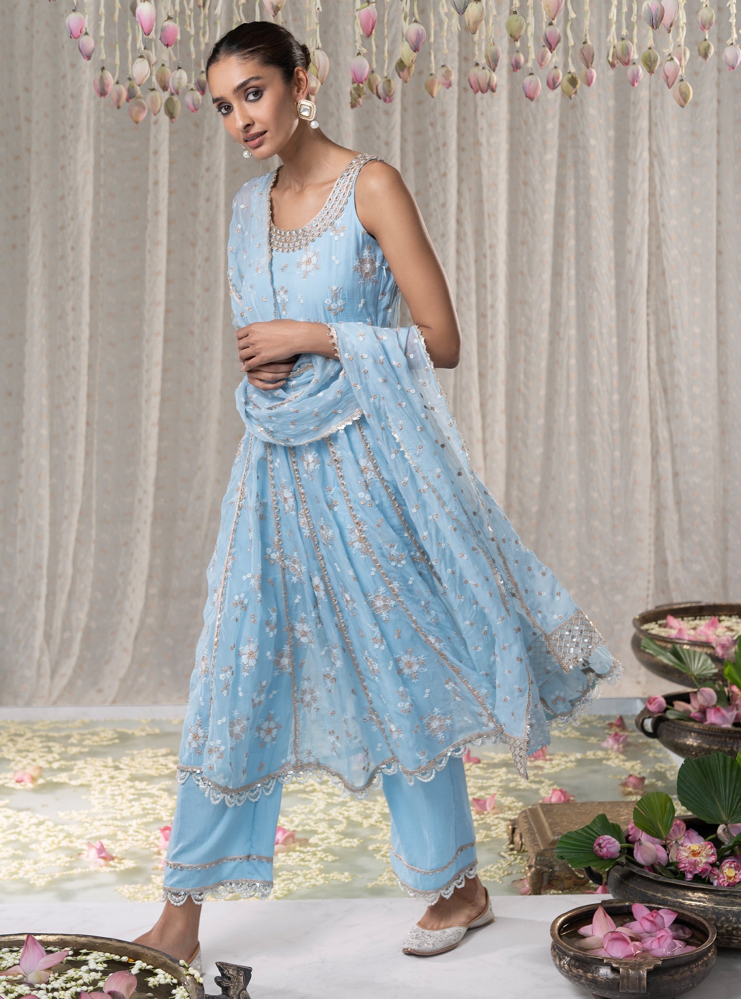 Mulmul Organza Kesariya Anarkali Blue Kurta With Mulmul Pima Kesariya Blue Pant