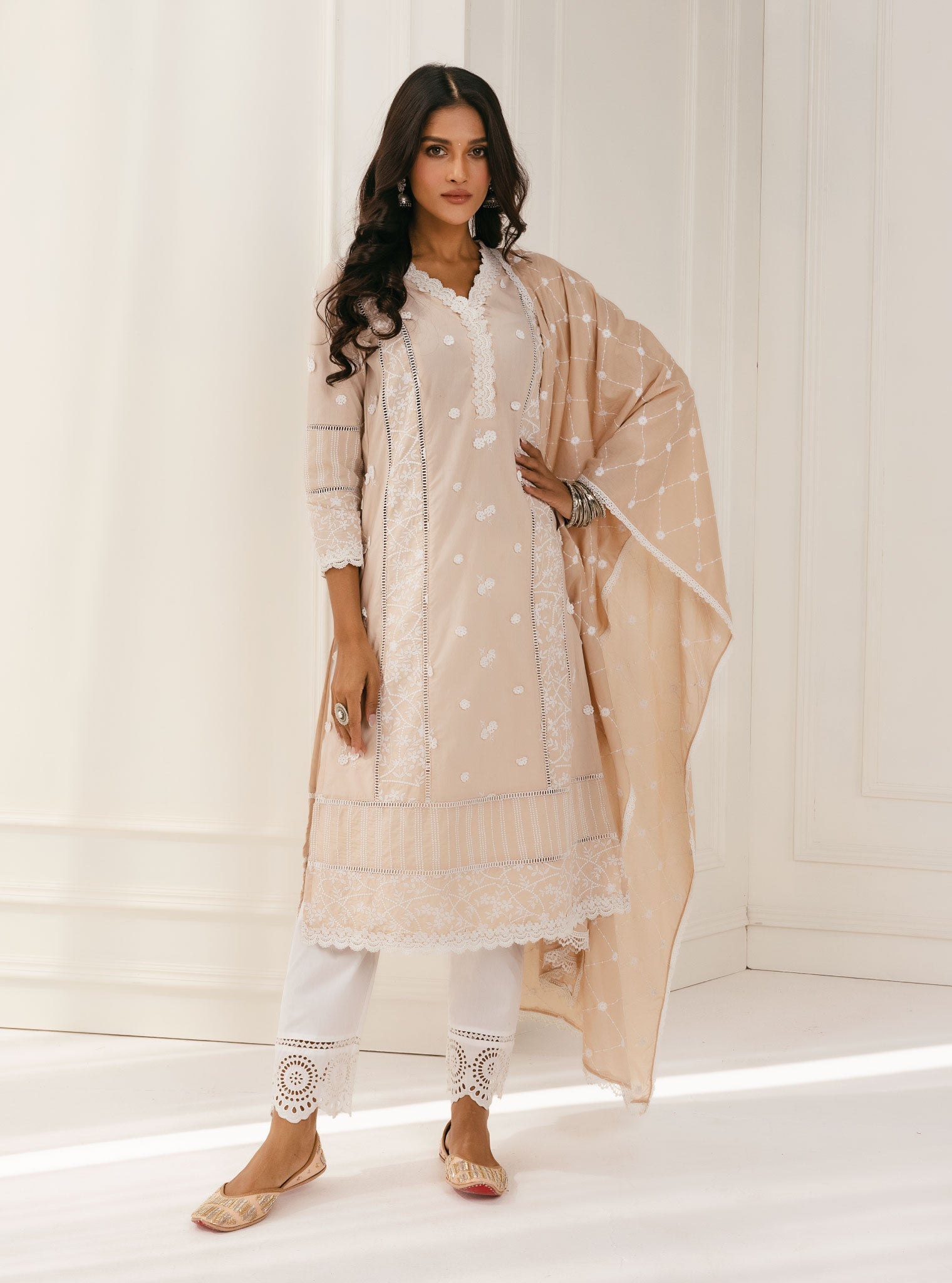 Mulmul Cotton Kaza beige Kurta With Eyelet White Pant