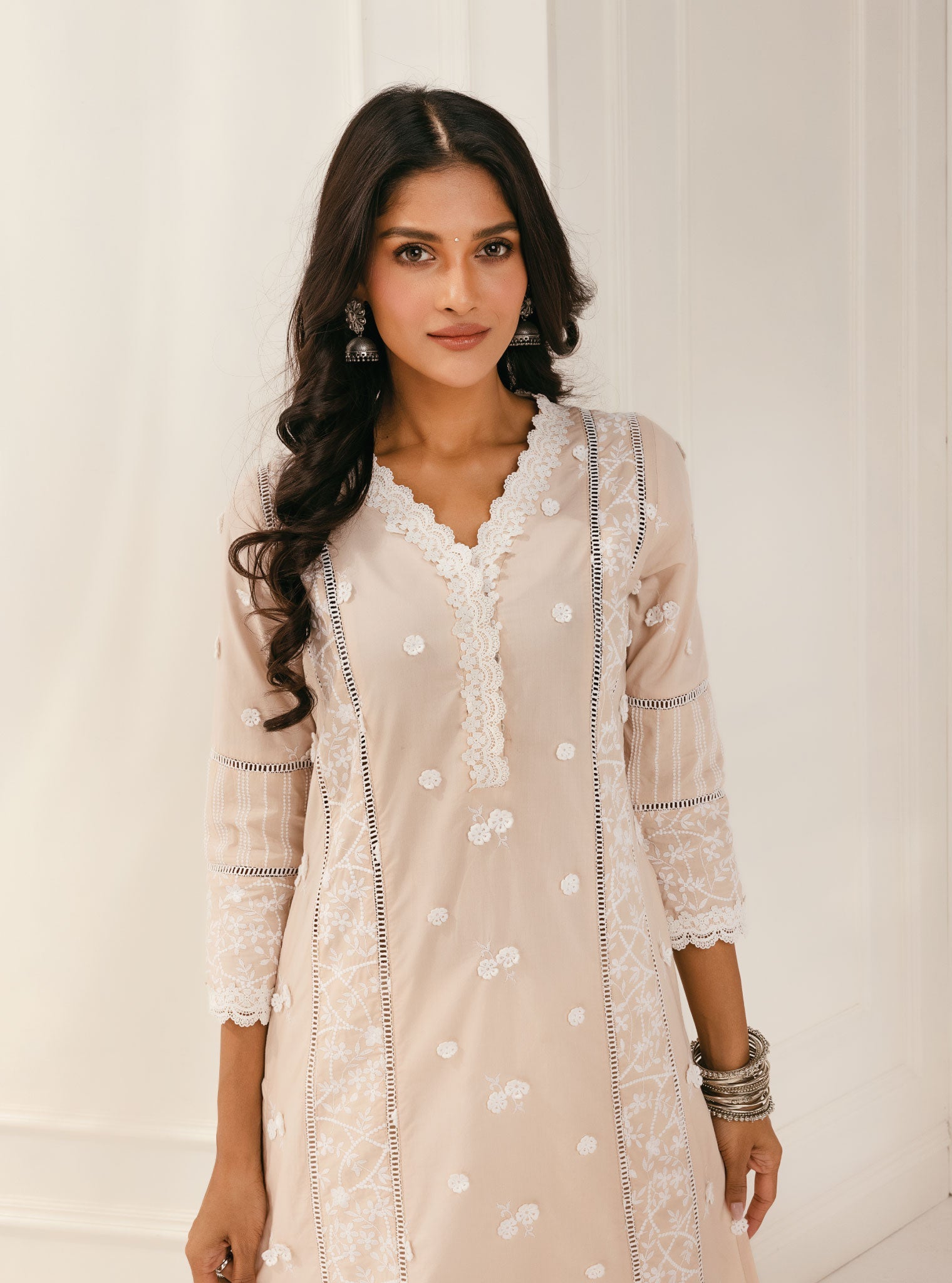 Mulmul Cotton Kaza beige Kurta With Eyelet White Pant