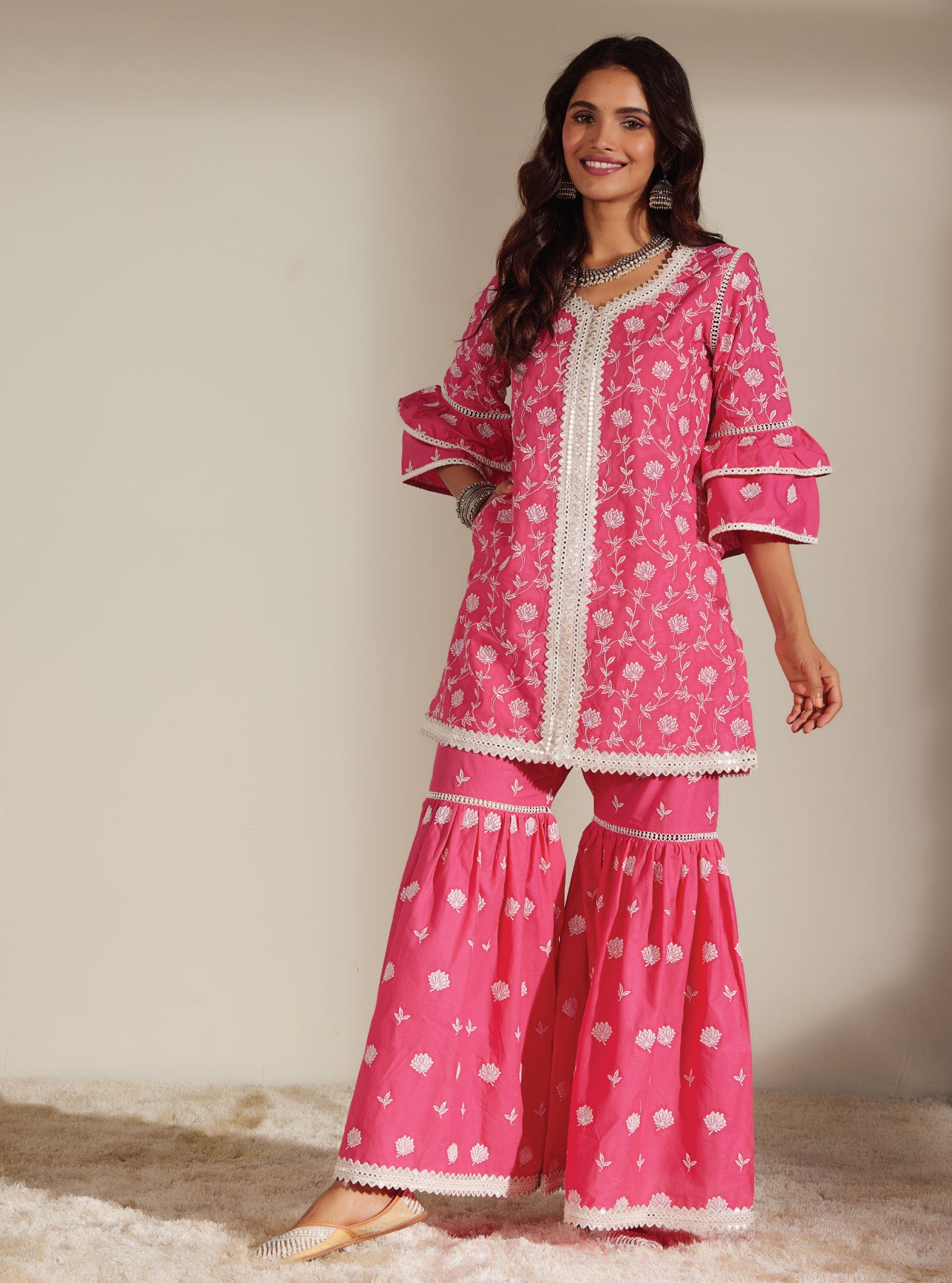 Mulmul Cotton Keziah Pink Kurta With Keziah Pink Garara