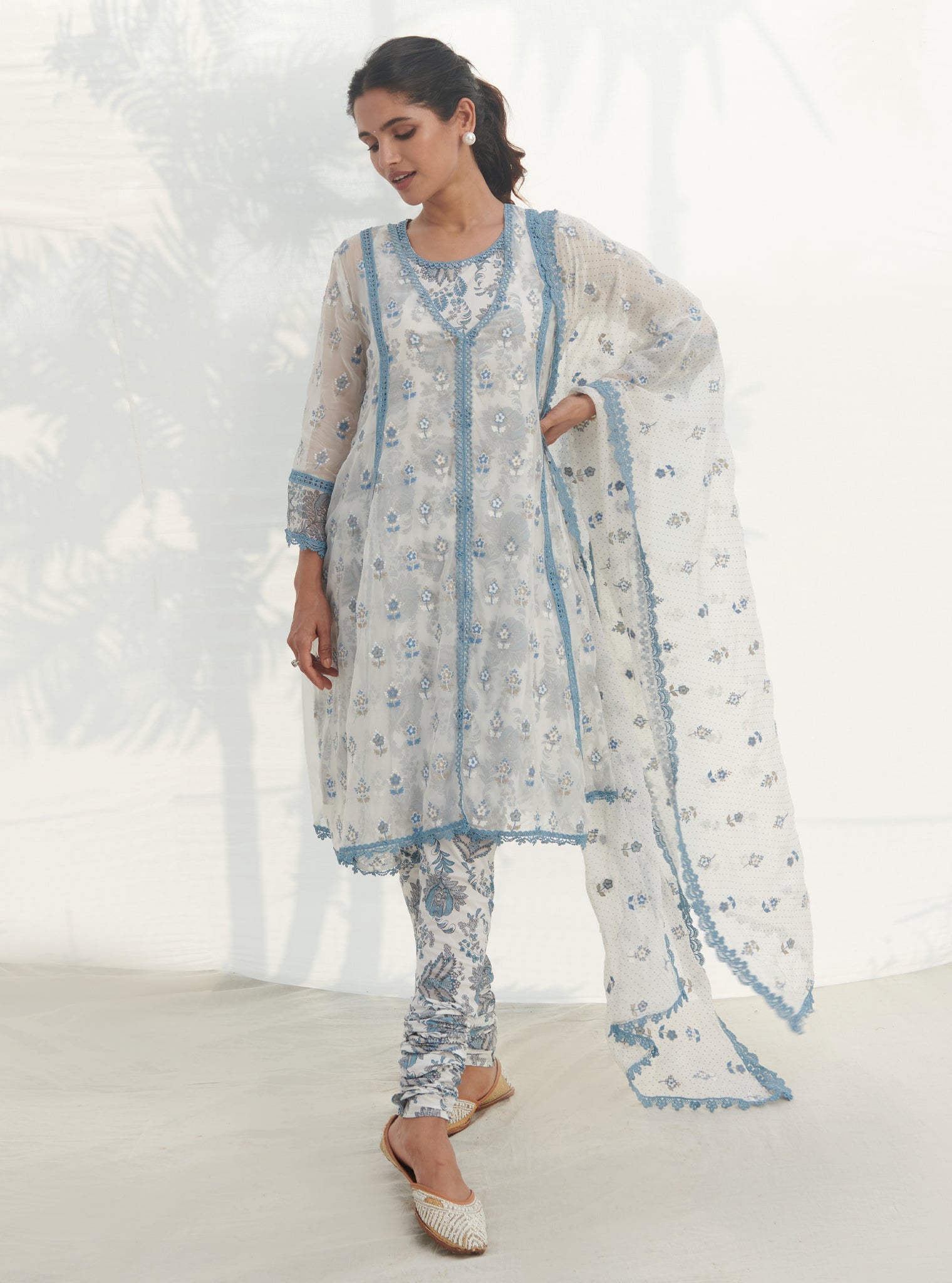 Mulmul Organza Leilani Blue Kurta With Mulmul Cotton Leilani Churidar Blue Pyajami