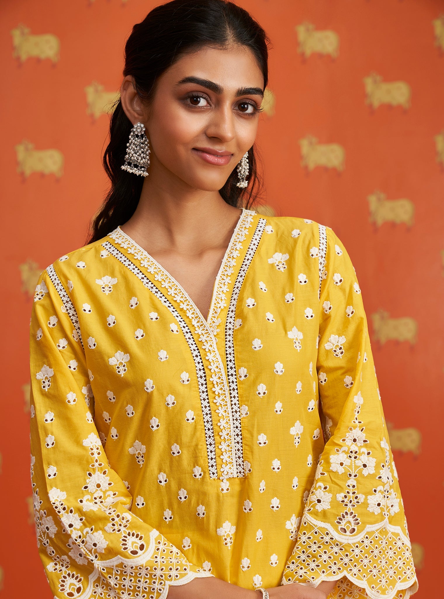 Mulmul Cotton Khaji Yellow Kurta With Mulmul Cotton Khaji Yellow Pant