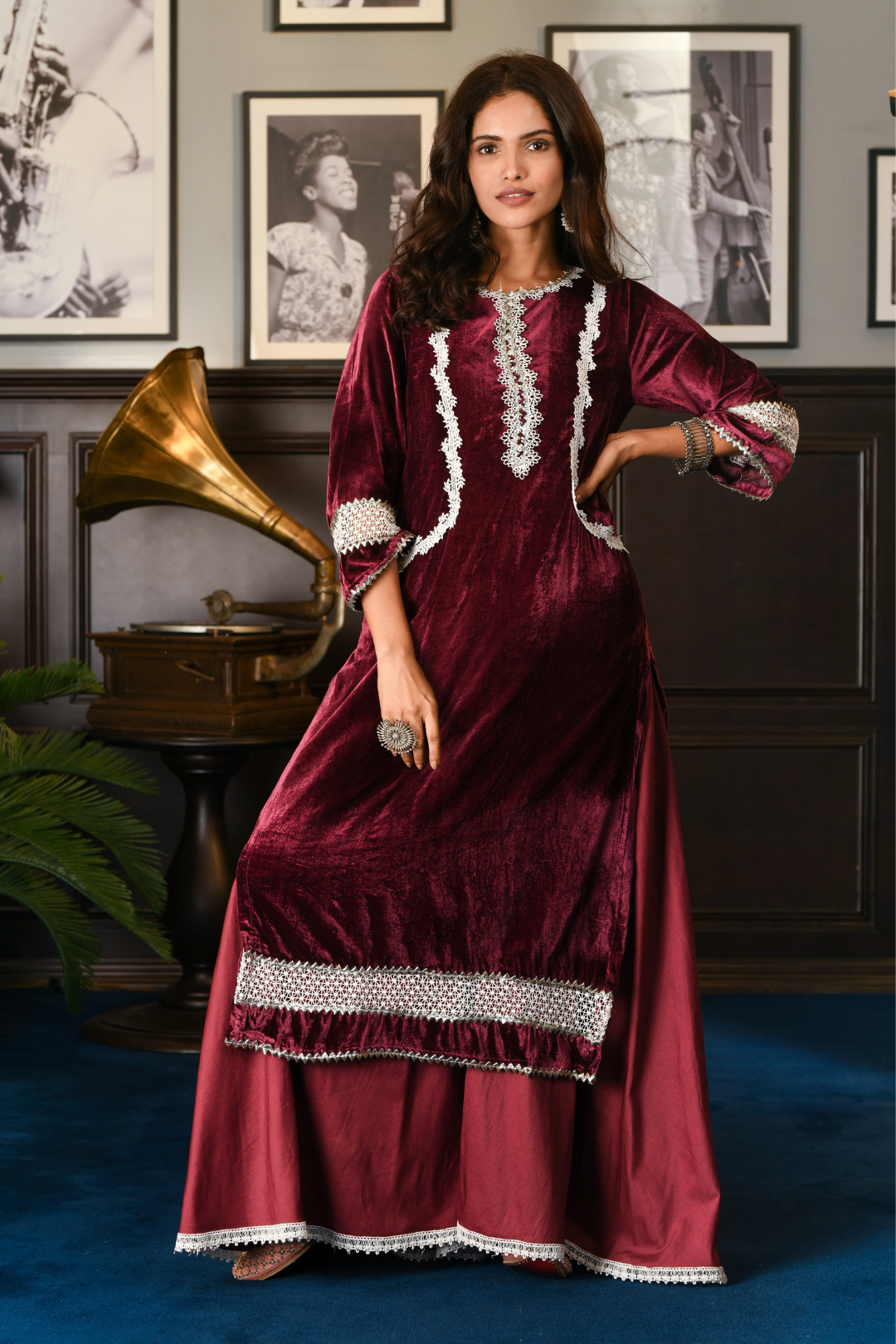 Makhmal Birch Kurta with Pine wine Sharara