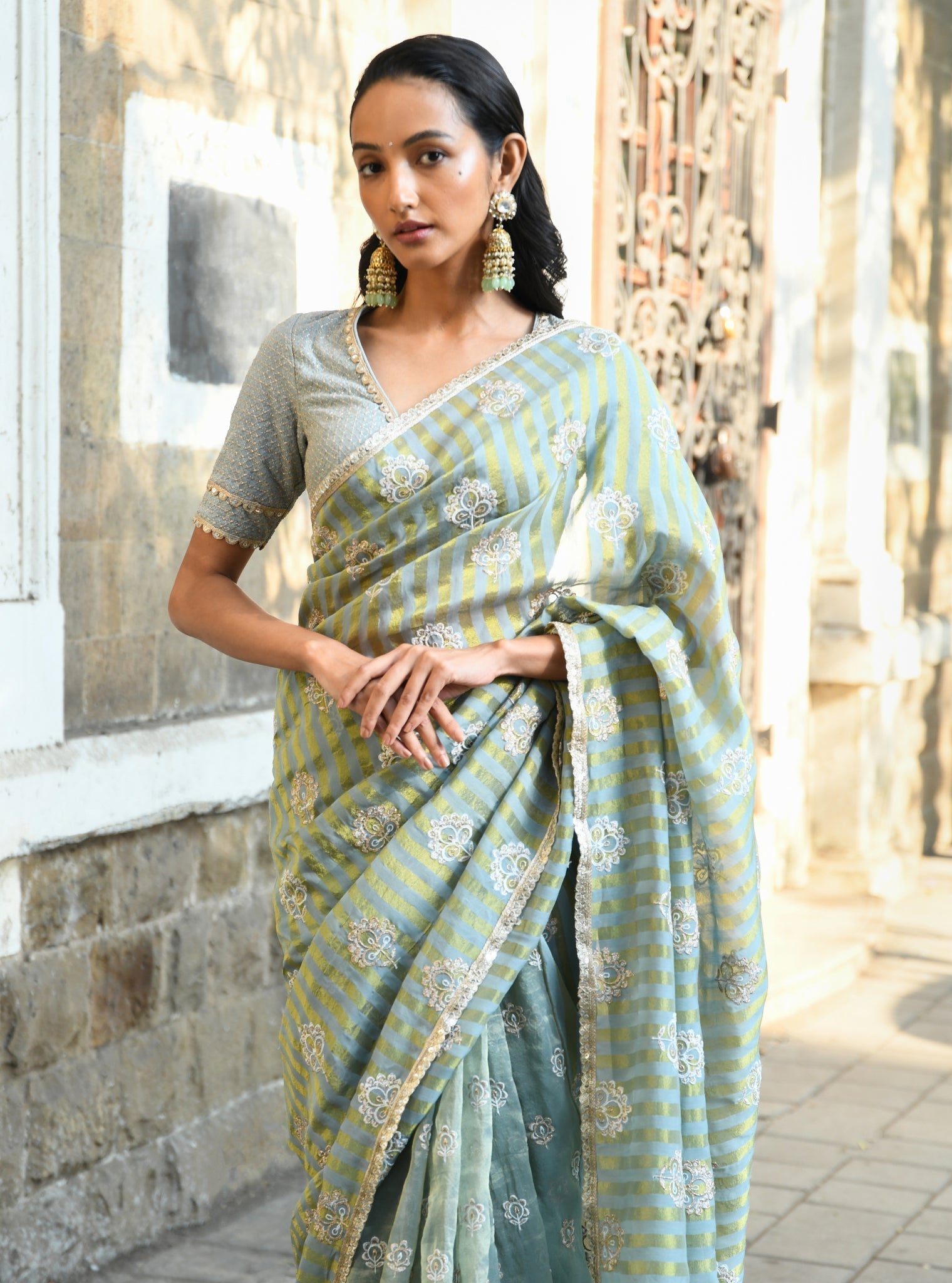 Mulmul Banarsi Luxe Tissue Mangni Light Blue Saree