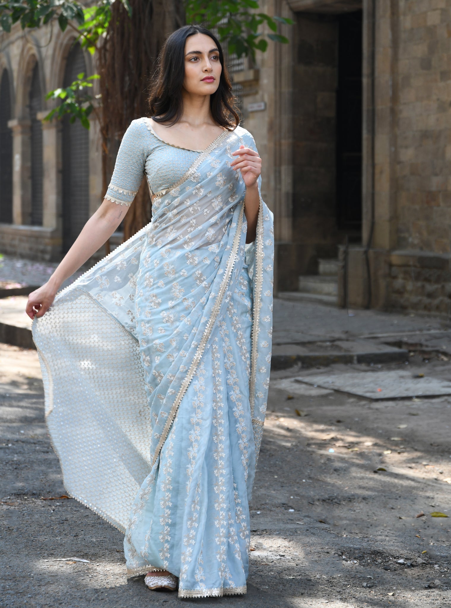 Mulmul Organza Saroli Light Blue Saree