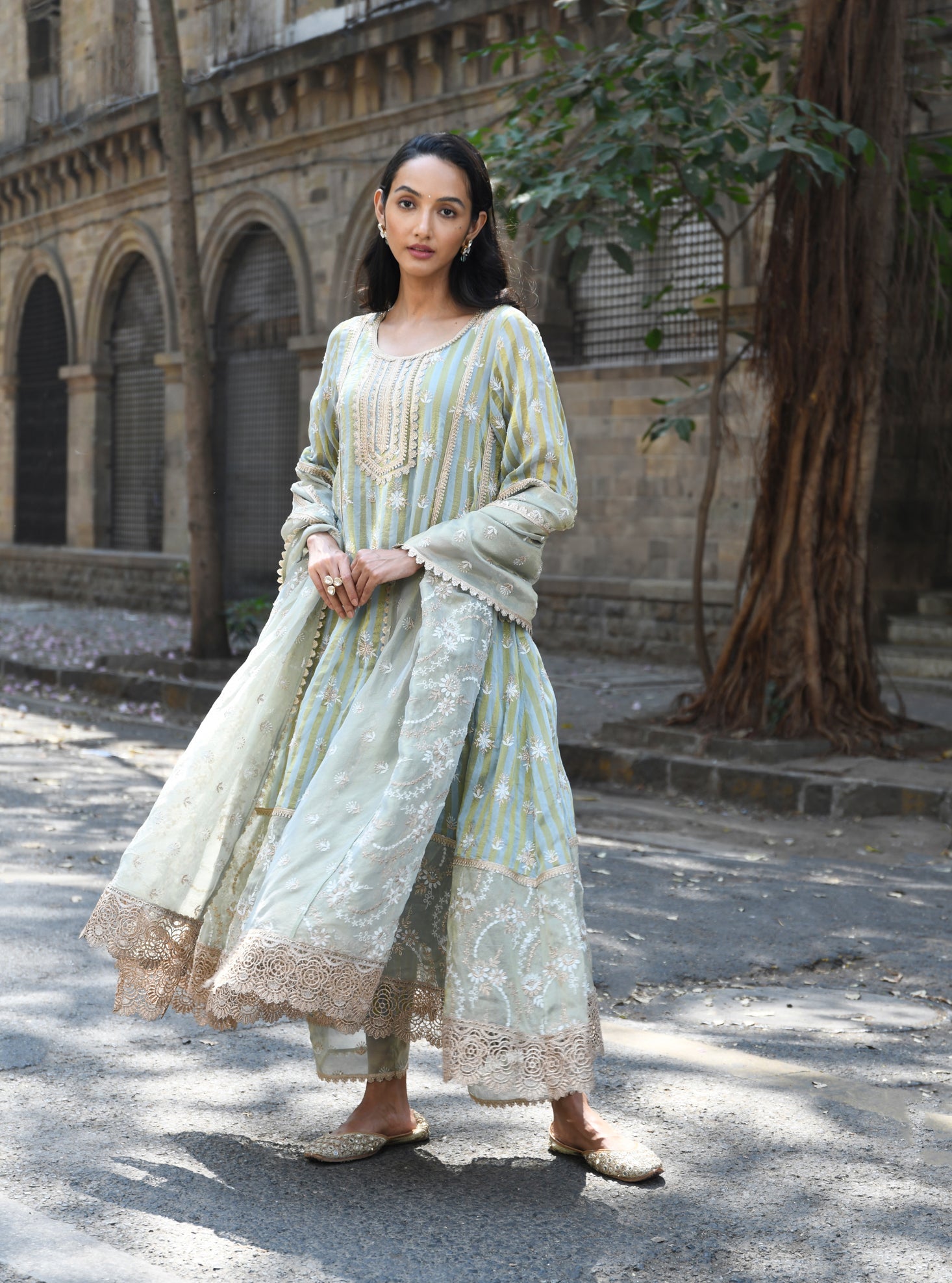 Mulmul Banarsi Kesar Light Blue Anarkali Kurta With Mulmul Banarsi Kesar Light Blue Pant