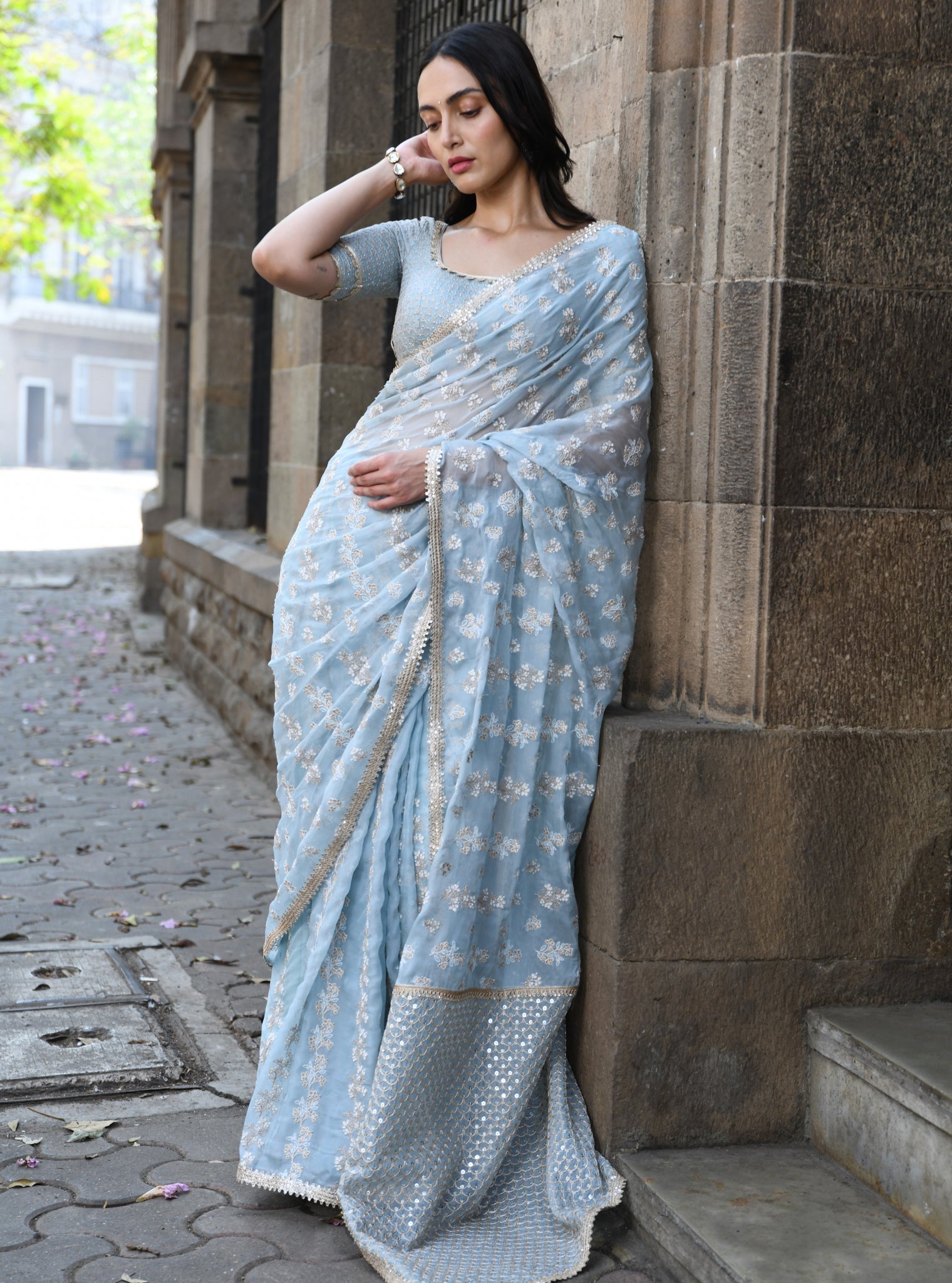 Mulmul Organza Saroli Light Blue Saree