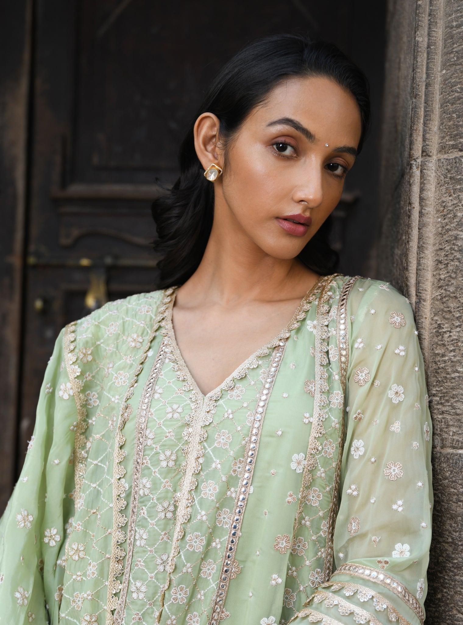 Mulmul Organza Palmer Green Anarkali Kurta With Mulmul Pima Palmer Green Pant