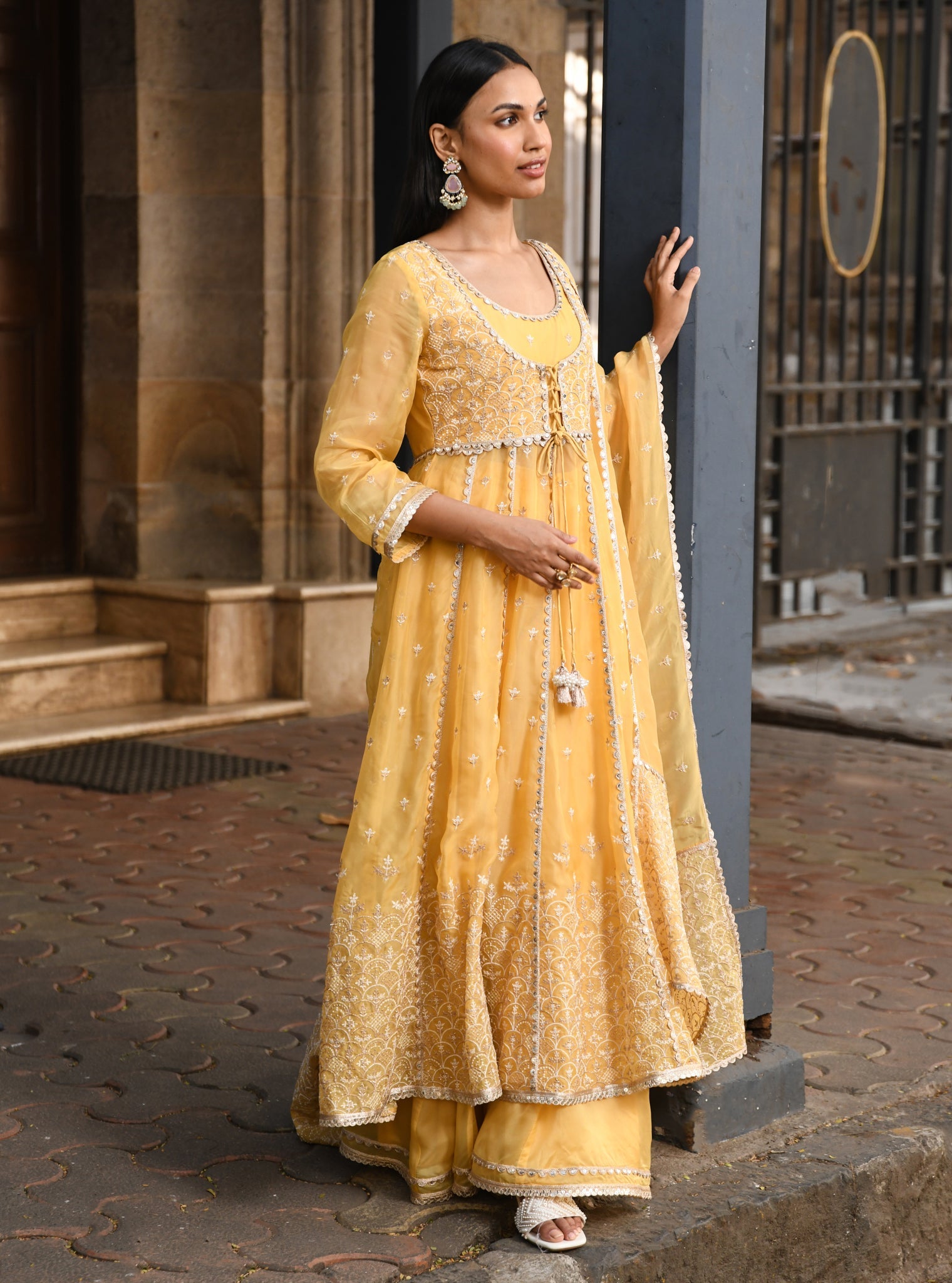 Mulmul Organza Sheri Yellow Anarkali Kurta With Mulmul Organza Sheri Yellow Sharara