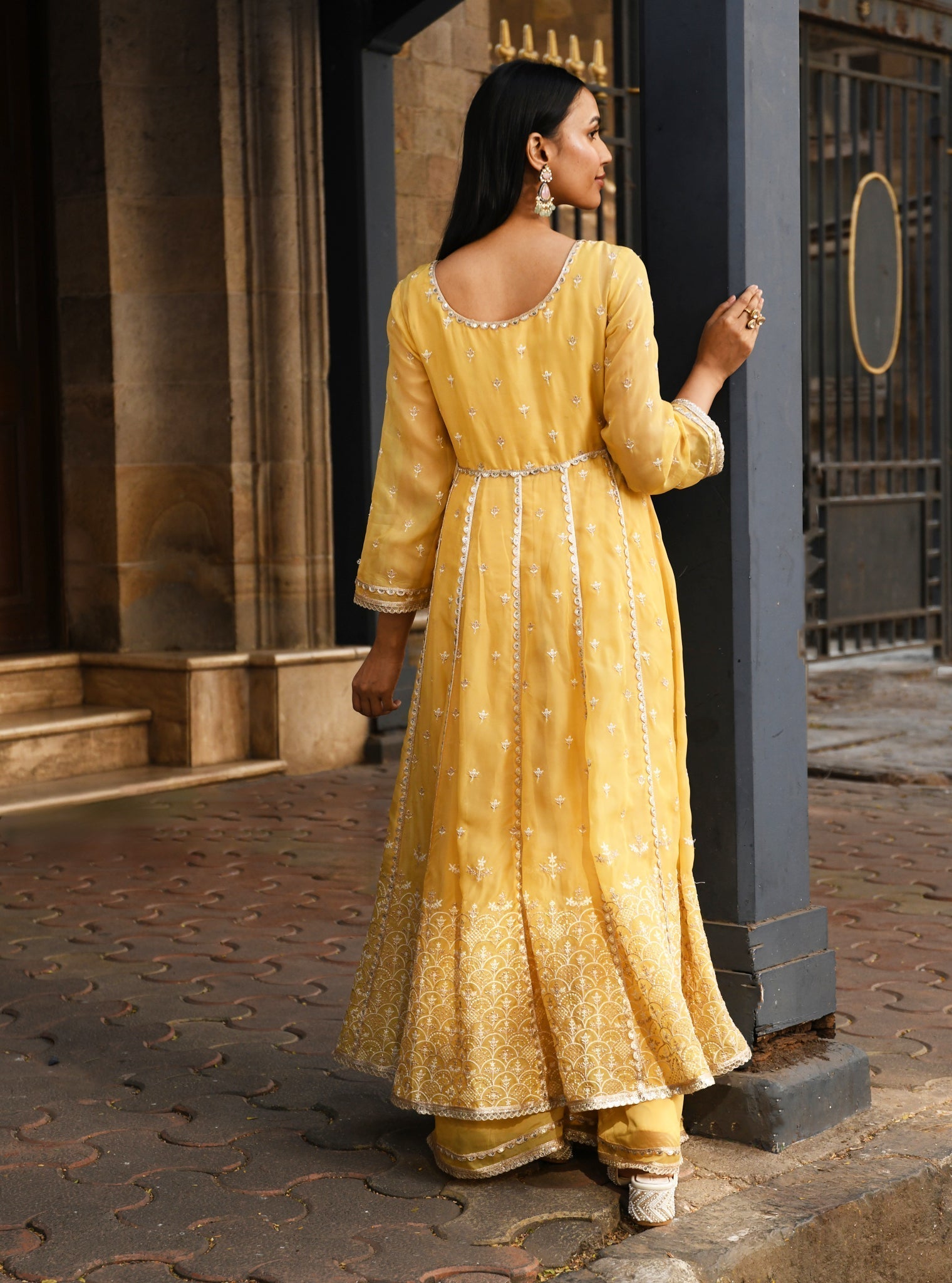 Mulmul Organza Sheri Yellow Anarkali Kurta With Mulmul Organza Sheri Yellow Sharara