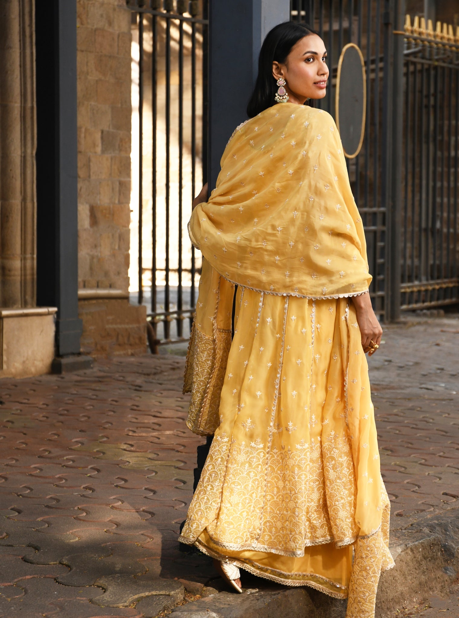 Mulmul Organza Sheri Yellow Anarkali Kurta With Mulmul Organza Sheri Yellow Sharara