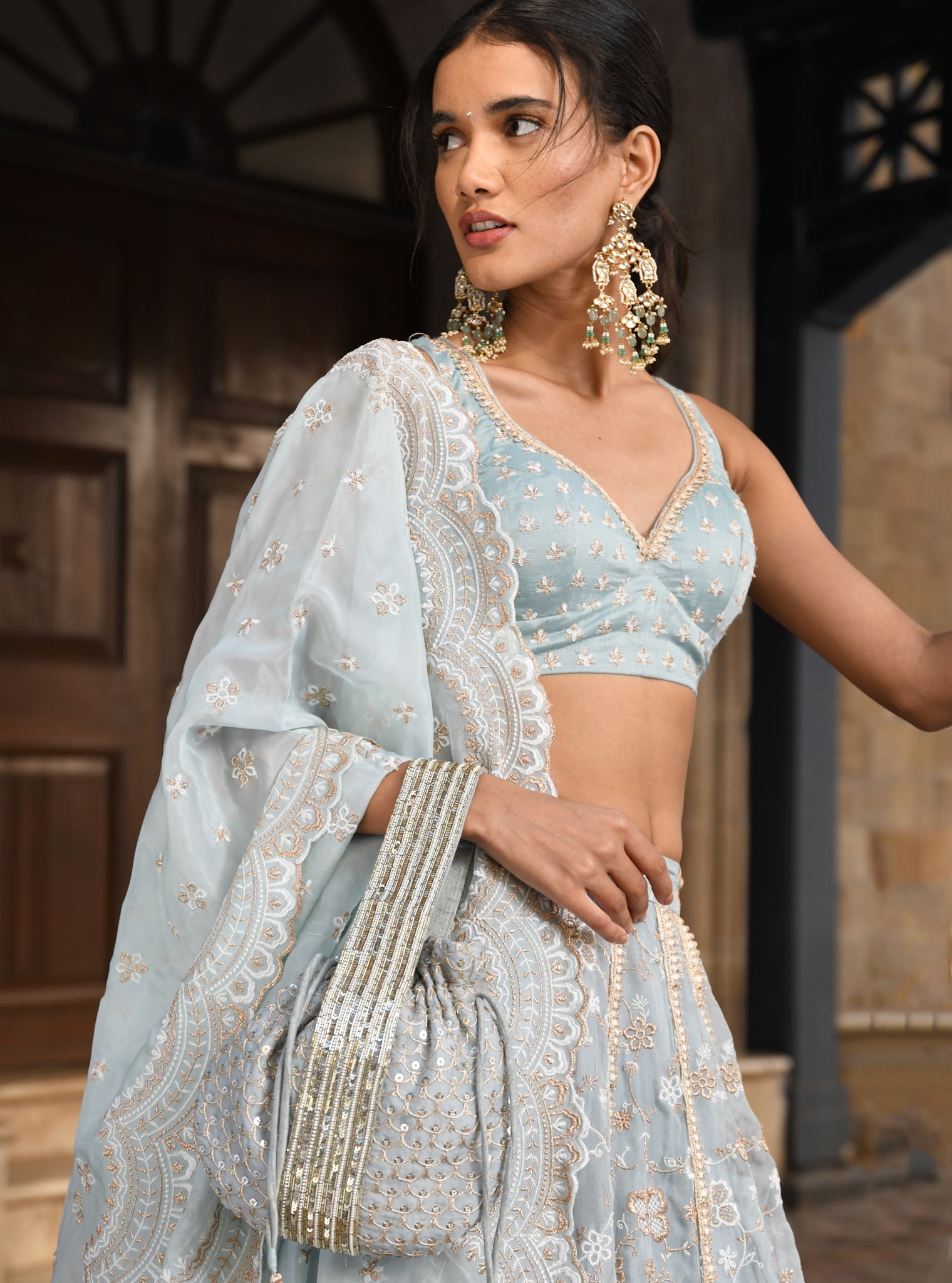 Mulmul Organza Bimli Light Blue Lehenga With Mulmul Luxe Silk Bimli Light Blue Dupatta