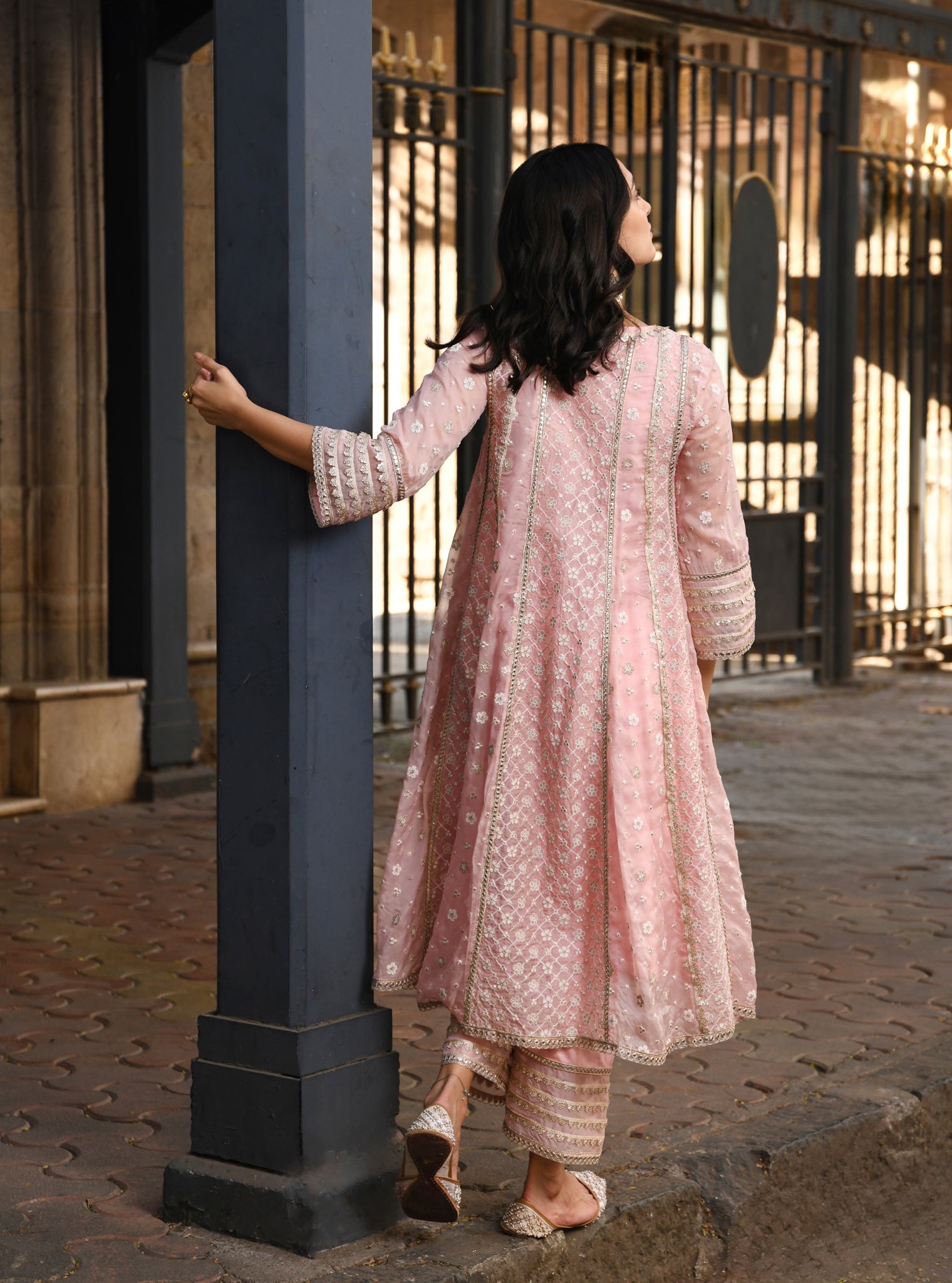 Mulmul Organza Palmer Light Pink Anarkali Kurta With Mulmul Pima Palmer Light Pink Pant