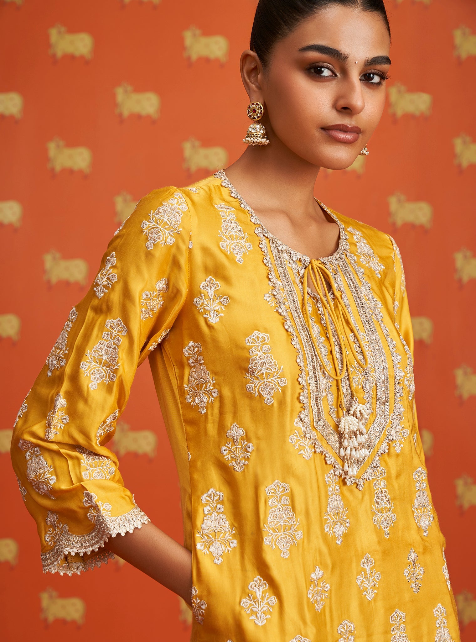 Mulmul Cupro Satin Alia Intira Yellow Kurta With Mulmul Cupro Satin Alia Intira Yellow Pant