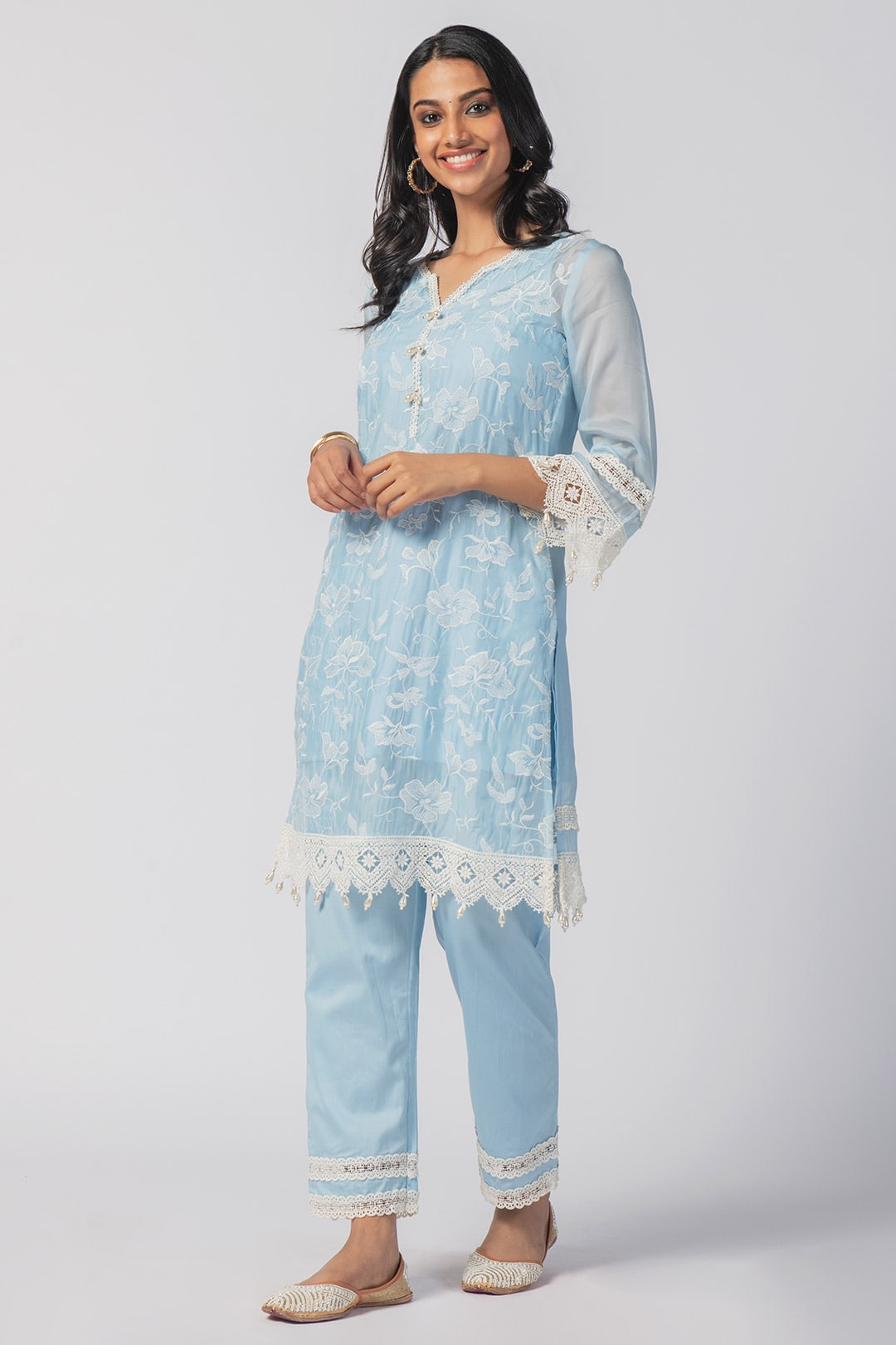 Mulmul Tencel Luxe Organza Maisy Blue Kurta With Pima Cotton Maisy Blue Pant