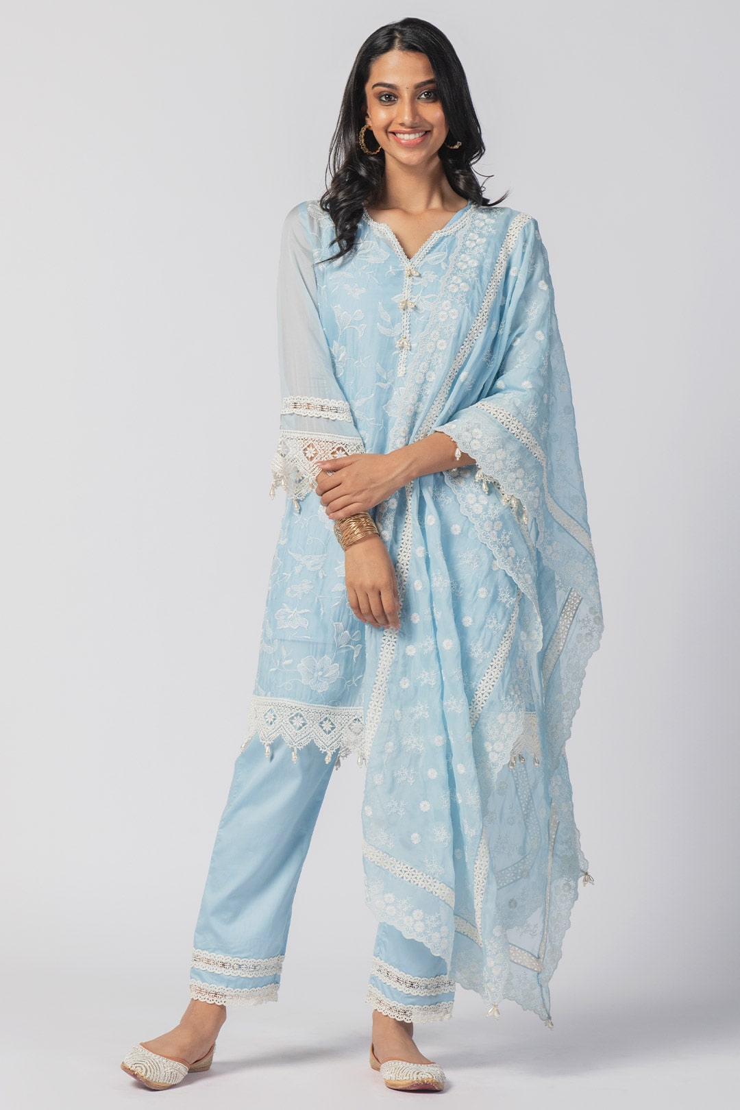 Mulmul Tencel Luxe Organza Maisy Blue Kurta With Pima Cotton Maisy Blue Pant