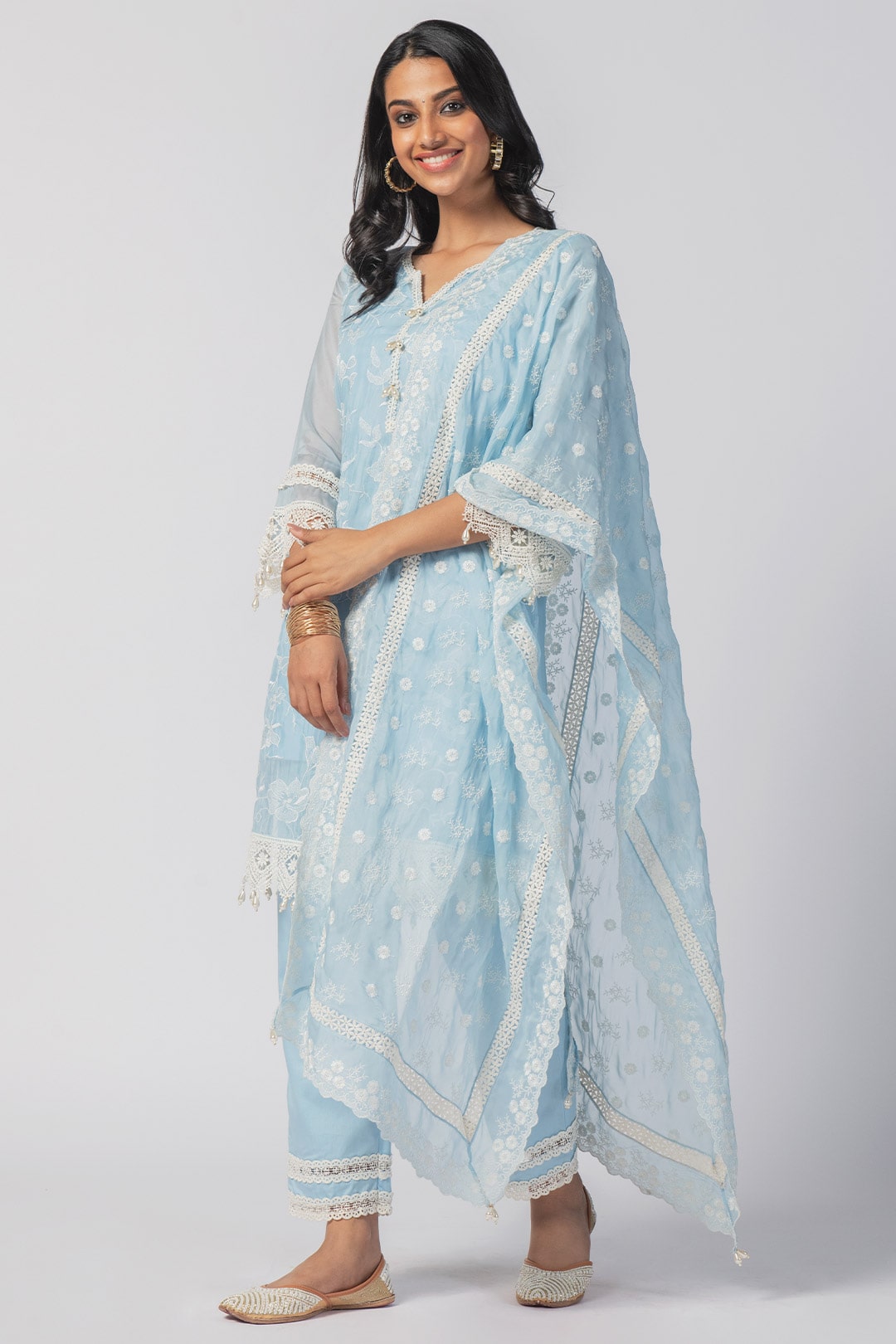 Mulmul Tencel Luxe Organza Maisy Blue Kurta With Pima Cotton Maisy Blue Pant