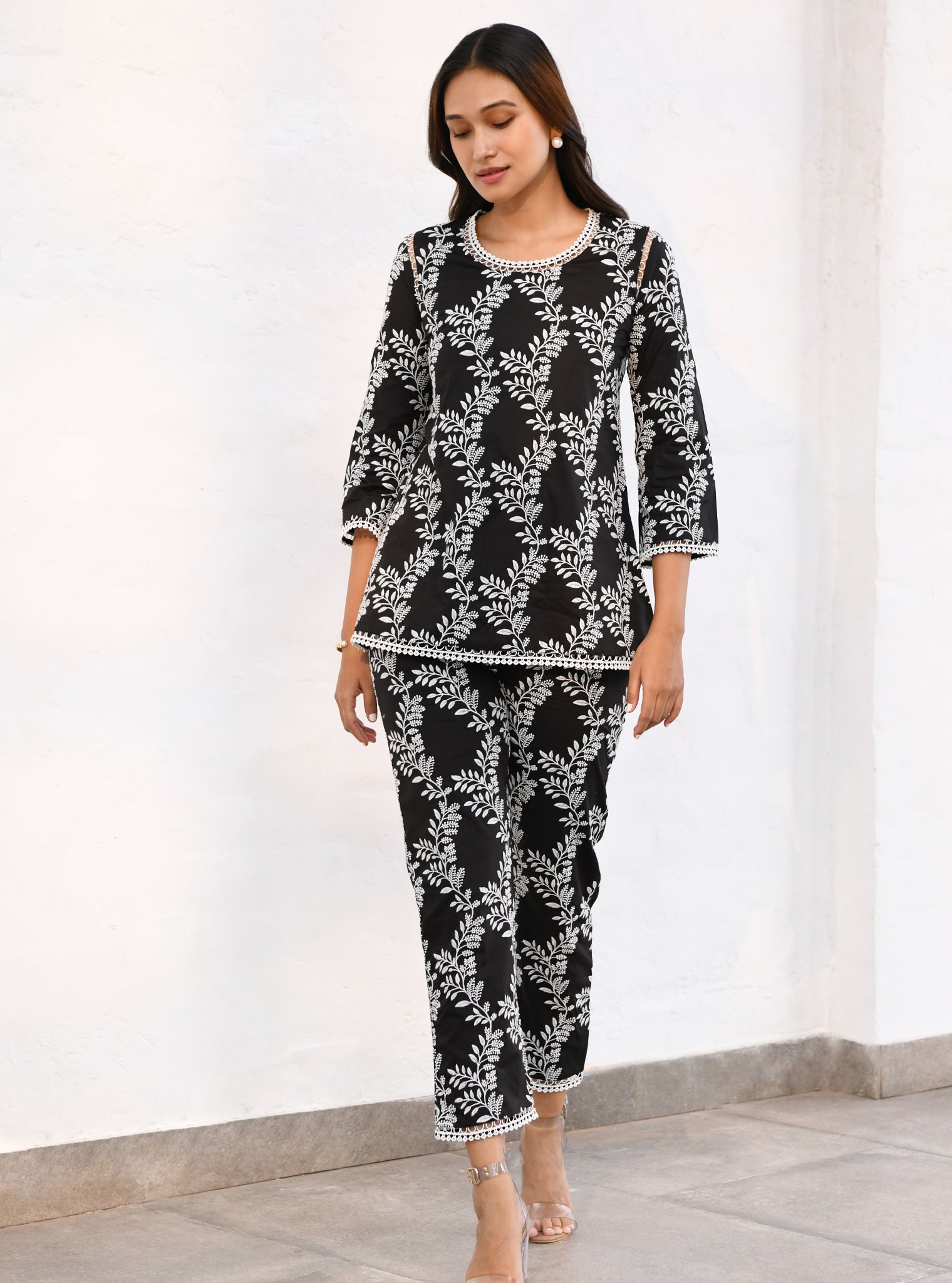 Mulmul Cotton Milton Black Top With Milton Black Pant