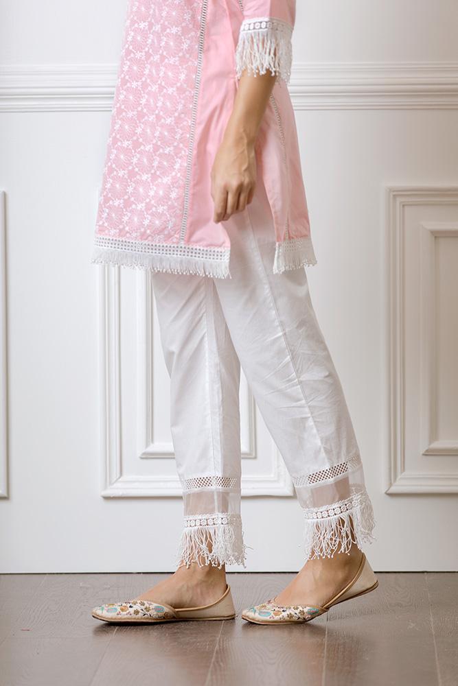 Mulmul Posey Pink Kurta With New Fringe pyajamas